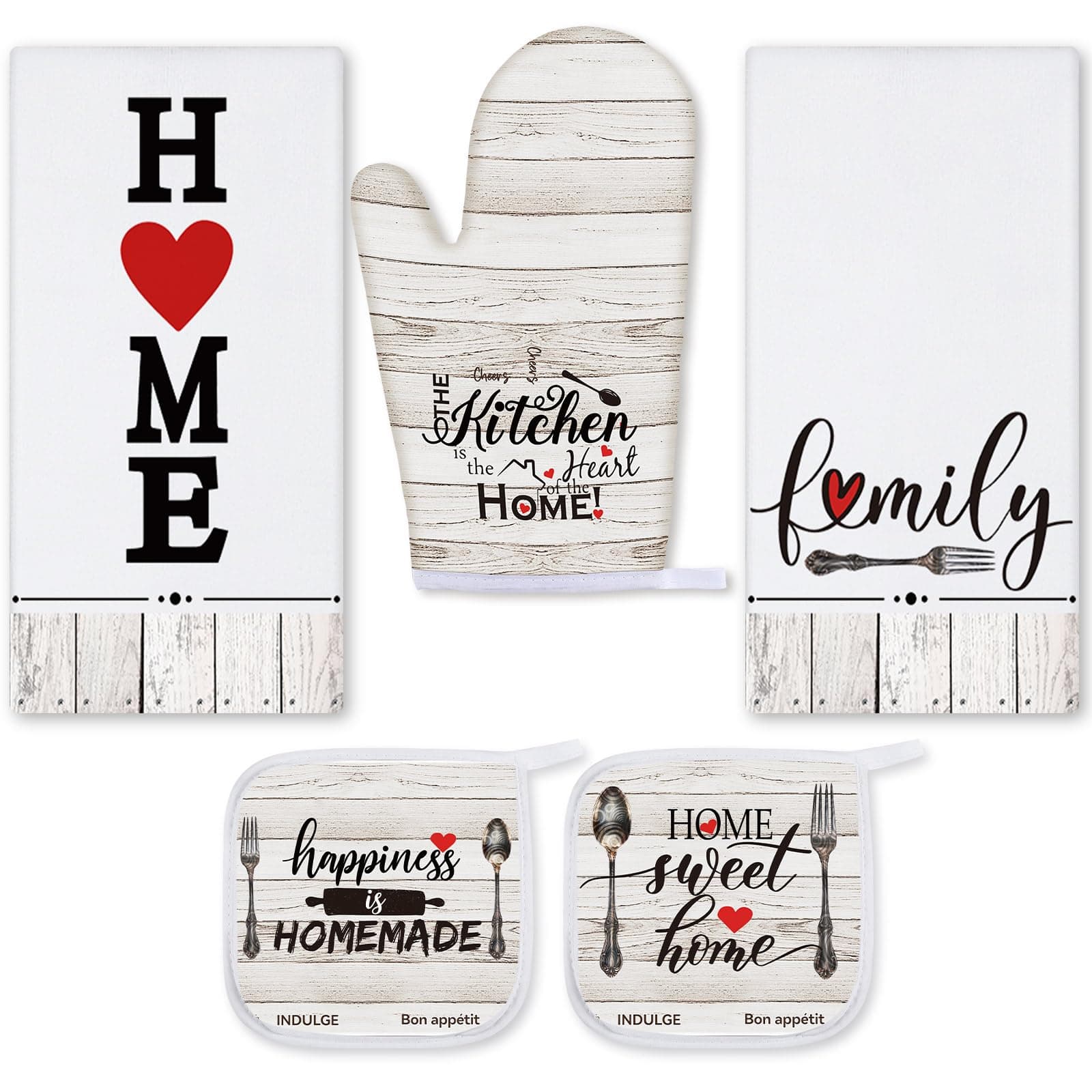 Rtteri 5 Pcs Farmhouse Dish Towels Pot Holders Oven Mitts Set 2 Vintage Wood Planks Kitchen Towels 1 Mittens Oven Glove 2 Potholders for Cooking Baking Grilling Supply Holiday, Housewarming Gifts