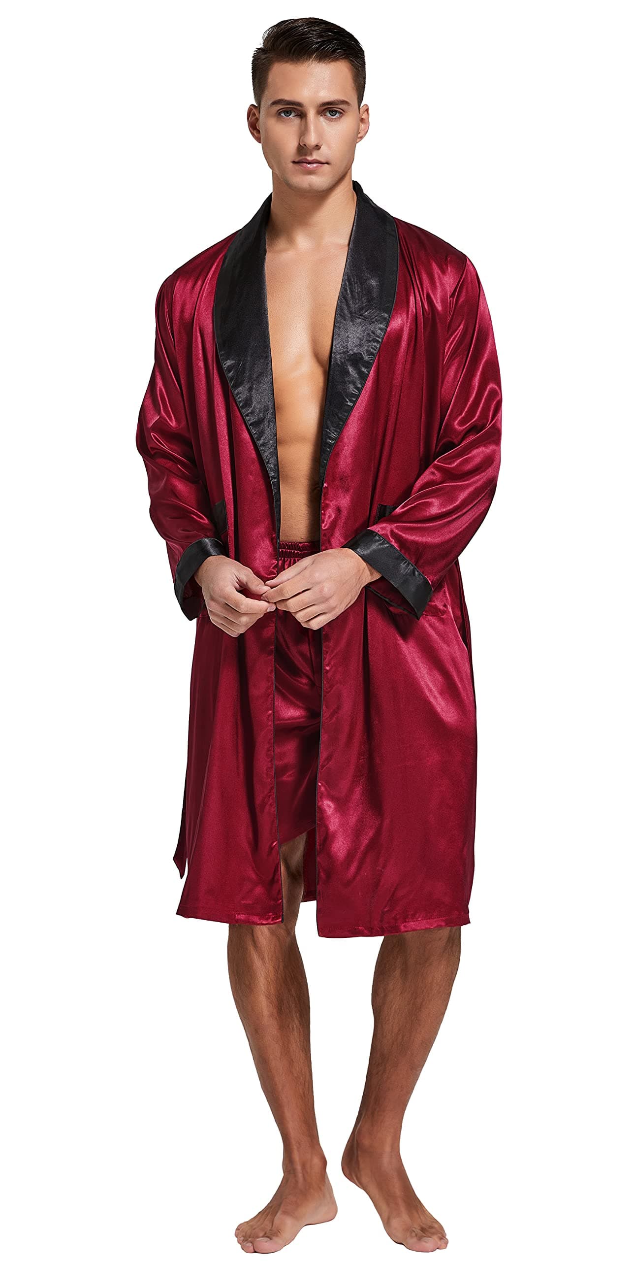 Tony & Candice Men's Satin Robe Lightweight Long Sleeve Silk Kimono Bathrobe with Shorts Set Sleepwear