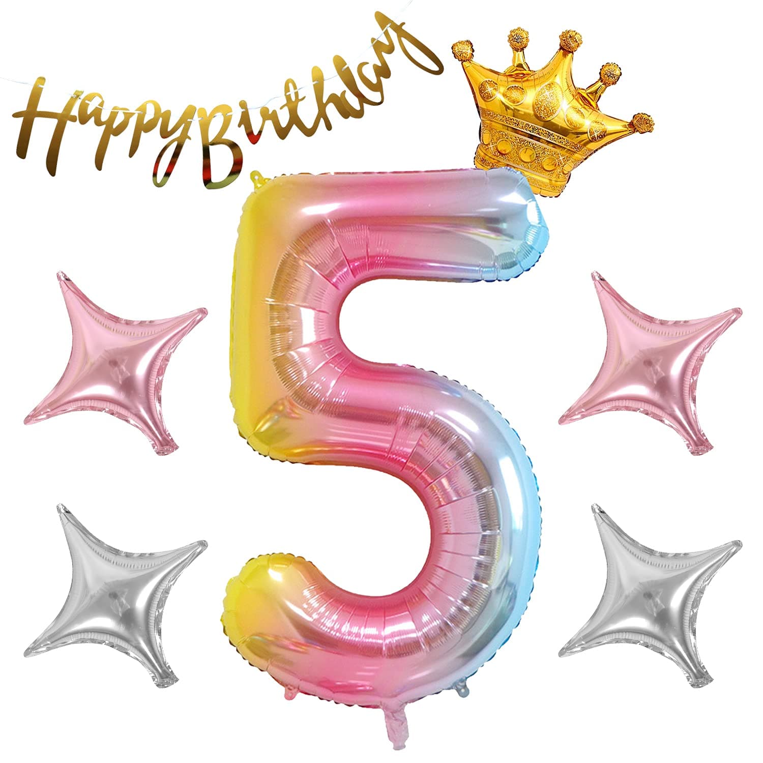 5th Birthday Party Decorations Kit - 32 Inch Digital Crown Foil Number Balloons with Happy Birthday Banner, Star Foil Balloon, Party Supplies Set for Birthday Shower Wedding Decoration