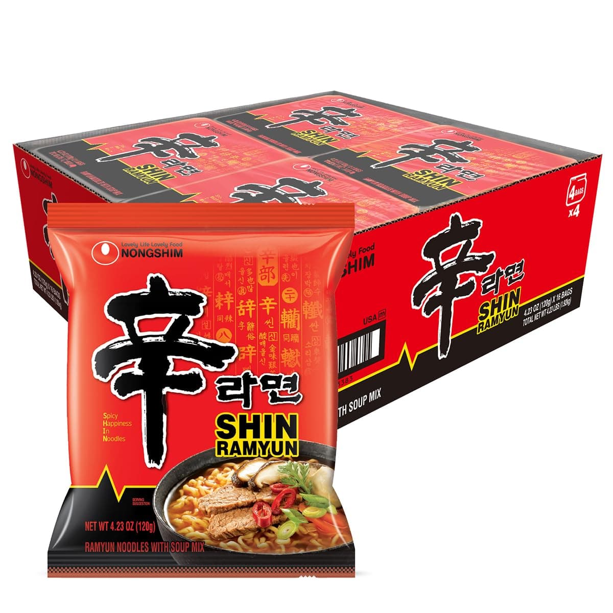Nongshim Ramen Noodles, Gourmet Instant Ramen, Premium Microwavable Noodle Soup, Spicy Shin, Family Pack, 4.23 Ounce (Pack of 16)