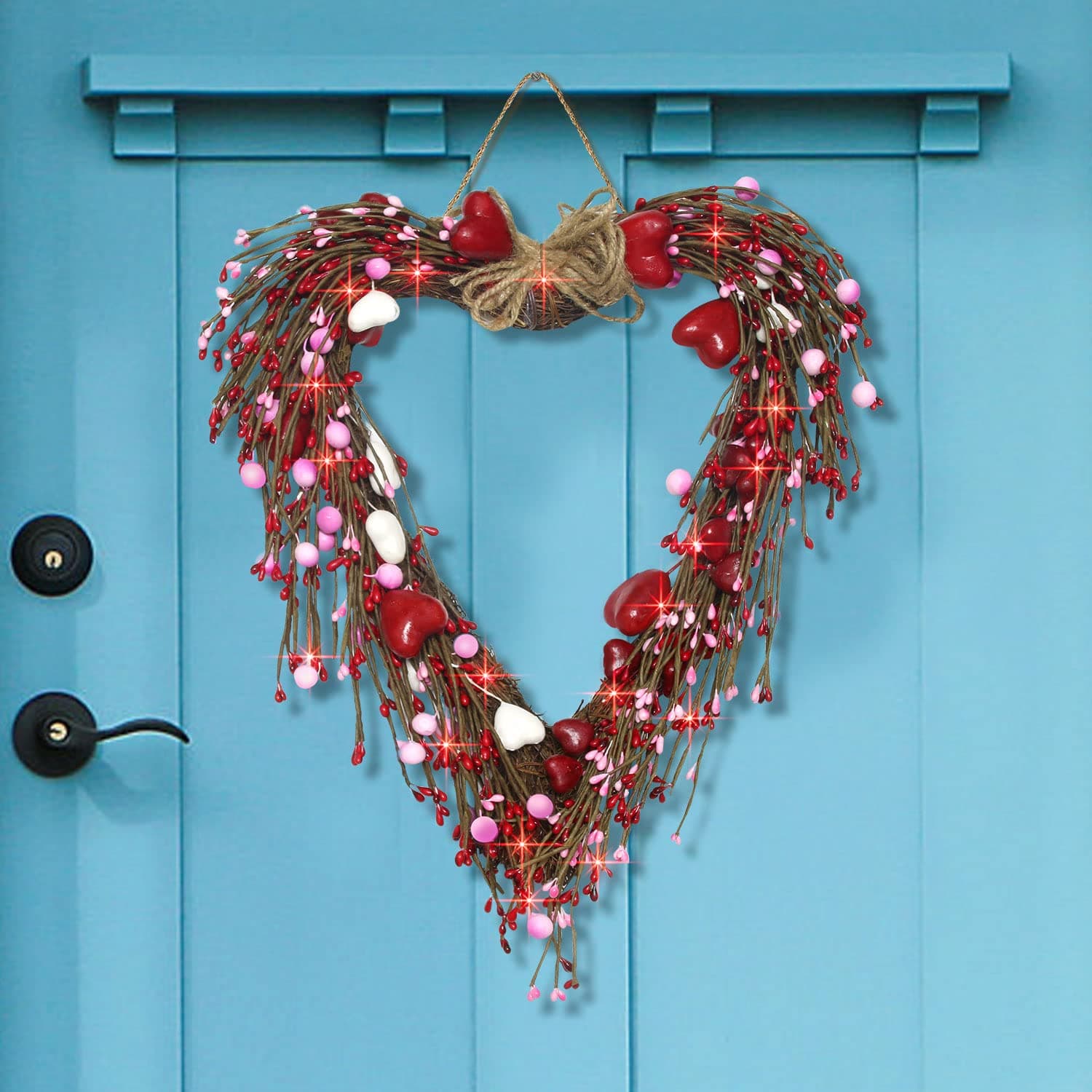 Remon Valentine Heart Wreath Front Door Decoration, Artificial Red Pink White Heart Berries Valentine Wreath with 20 Red LED Lights Timer Battery Operated for Home Wedding Party Decor Indoor Outdoor
