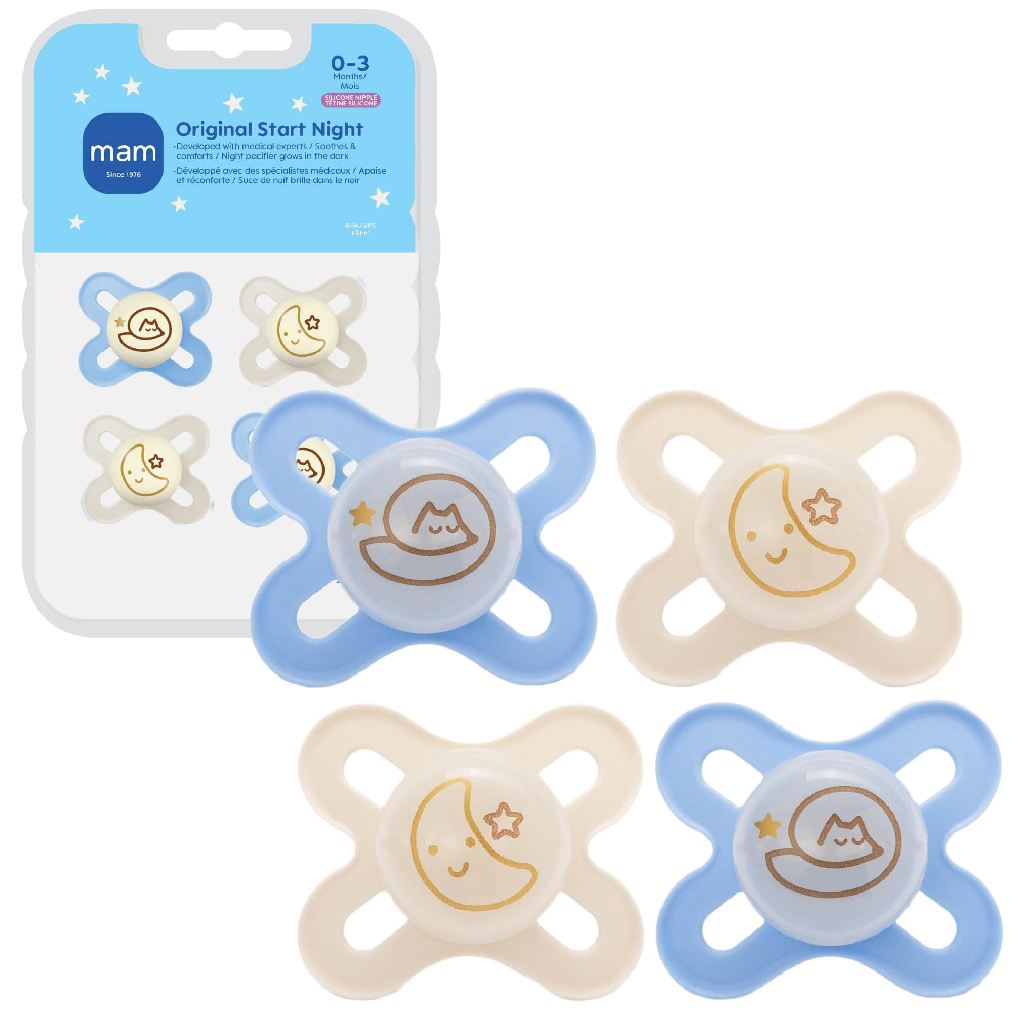 Original Start Baby Pacifiers 0-3 Months, BPA-Free Skin Soft Silicone Nipple, Glows in The Dark, Developed with Medical Experts Specially for Smaller Newborn Mouths, 4 Pk, Made in Europe