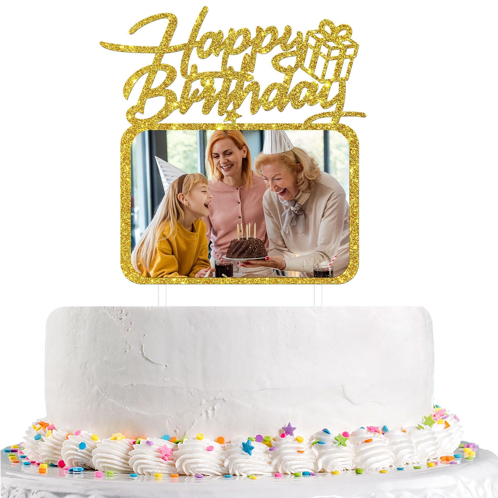 Happy Birthday Cake Topper with Photo Frame, Girl Boy Woman Man Birthday Photo Picture Cake Topper, Anniversary Party Cake Decorations Gold Glitter