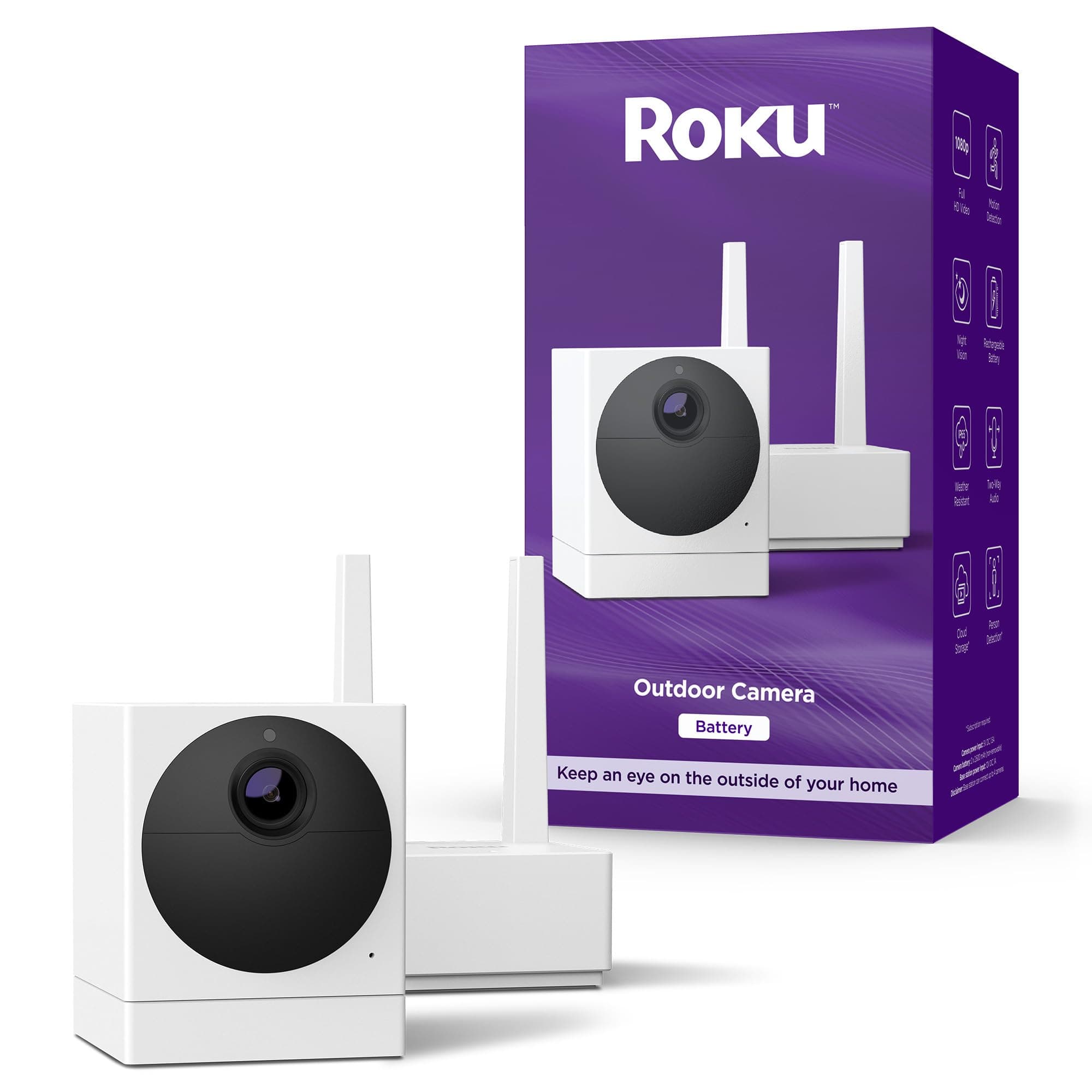 Roku Outdoor Camera for Home Security - IP65 Weather Resistance Wireless Security Camera with 1080p HD Night Vision, Works with Alexa & Google, Motion Detection - 90-Day Subscription Included, White