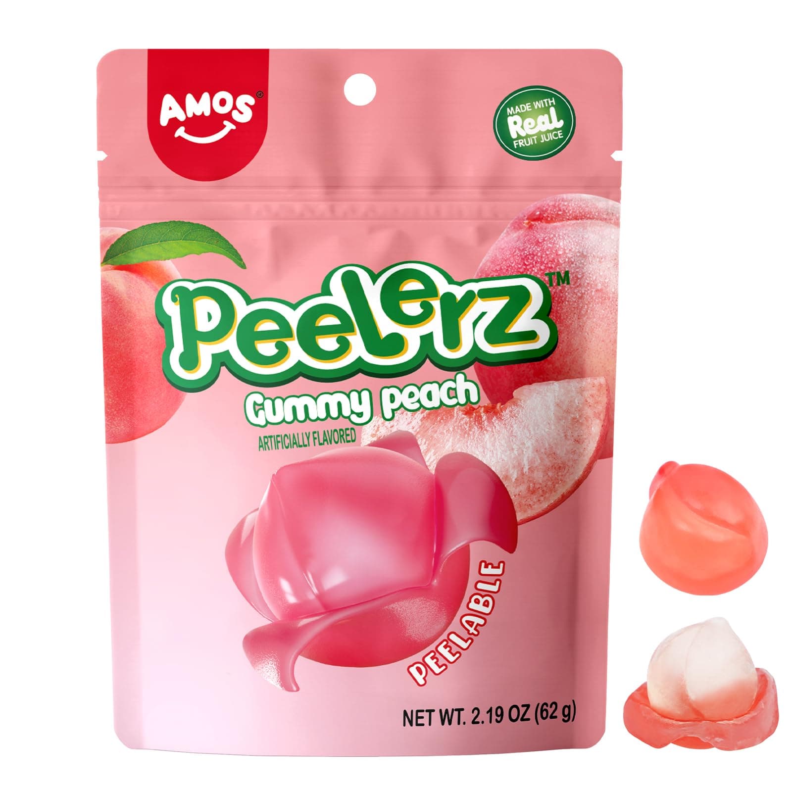Amos Peelerz Gummy Peach Peeling Candy, Peelable Fruit Snacks, Resealable 2.1...