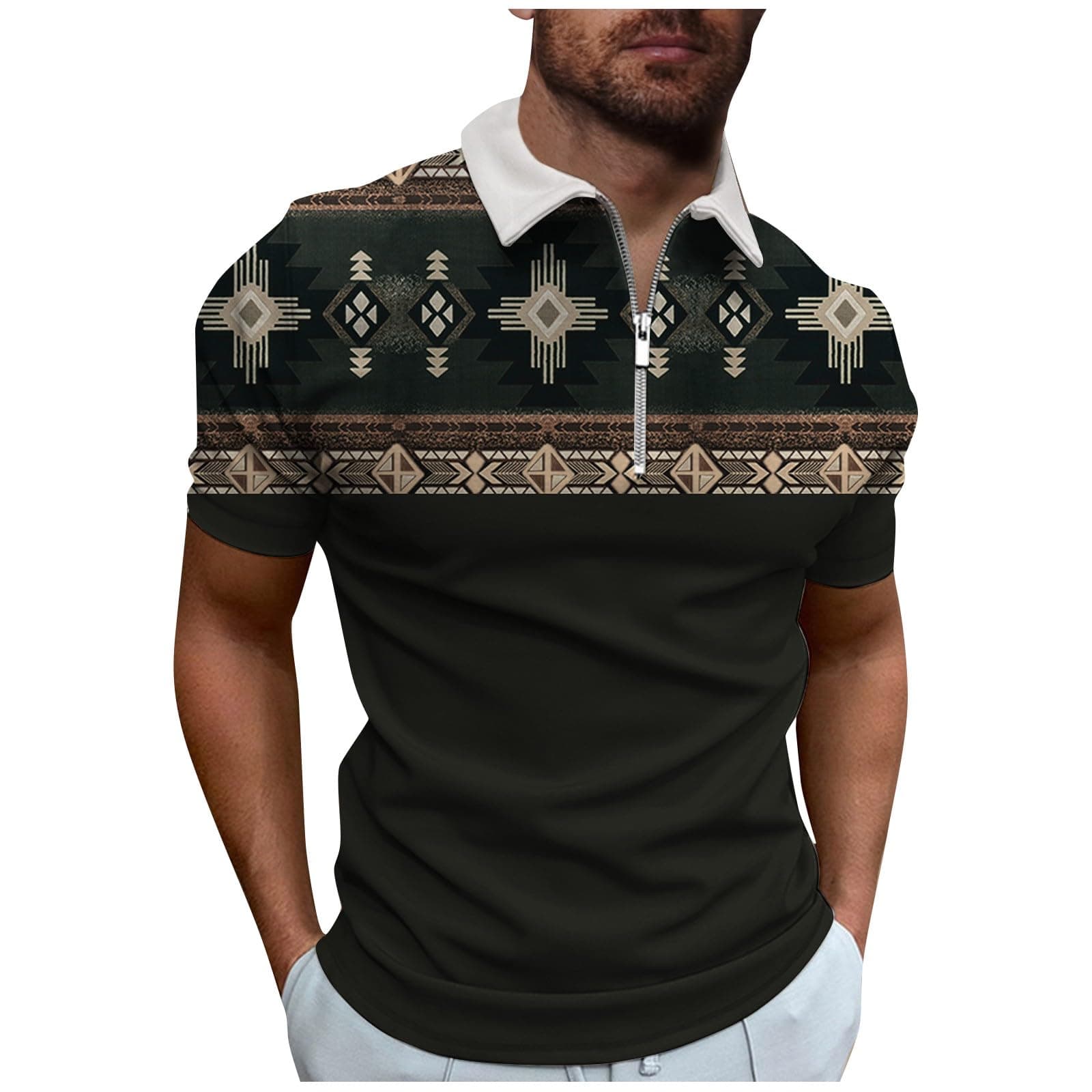 LmzarenMen's Summer Short Sleeved T-Shirt Fashion Casual Color Matching Tees Blouses Loose Comfortable Zip Neck Shirt