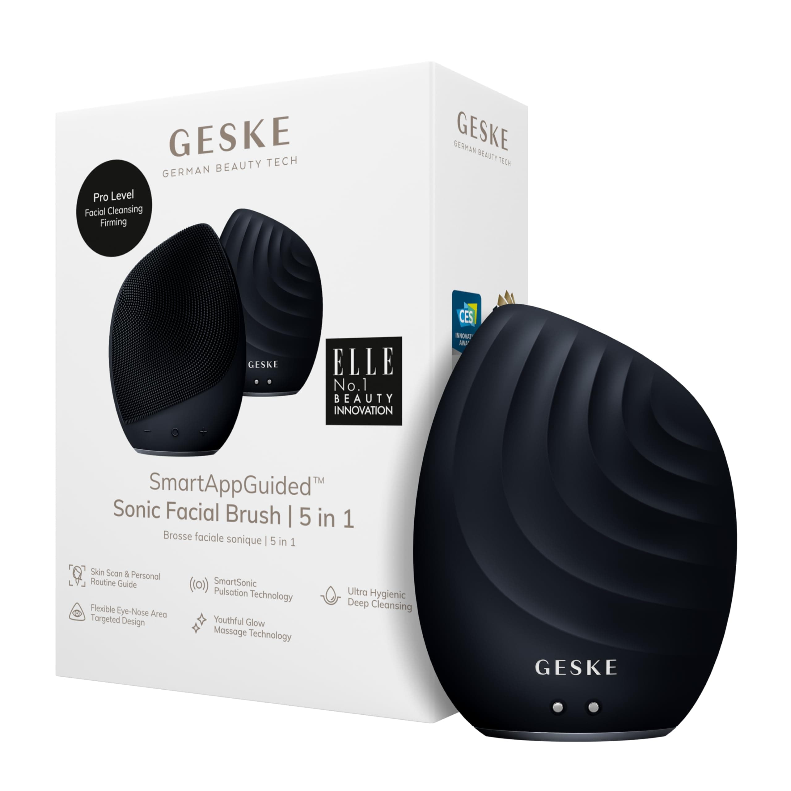 GESKESmartAppGuided™ Sonic Facial Brush 5 in 1 | vibrating electric facial cleansing brush | soft silicone brush | professional facial cleanser | skin cleanser & exfoliator | face massager