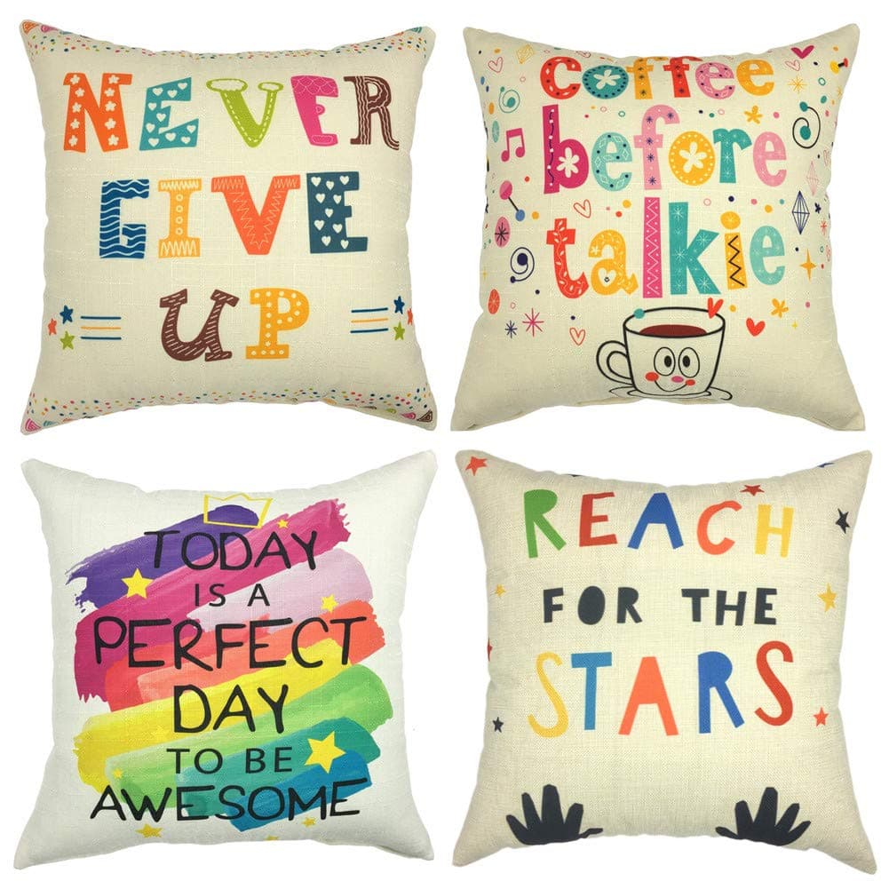 Set of 4 Inspirational Phrase Pillow Cases, Throw Cushion Cover Cotton Linen Pillowcase Home Decoration,45x45cm
