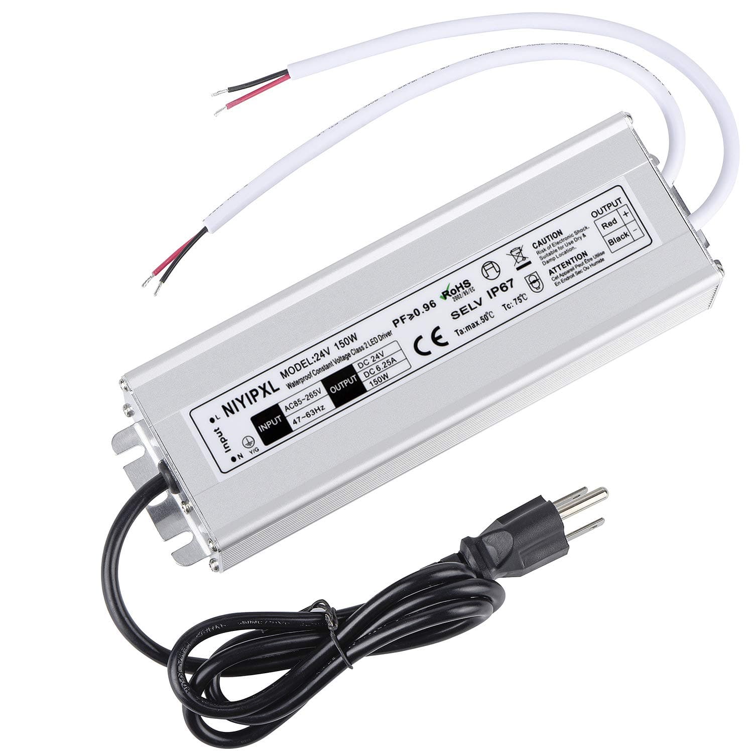 LED Driver 150 Watts 24V DC Low Voltage Transformer， Waterproof IP67 LED Power Supply, Adapter with 3-Prong Plug 3.3 Feet Cable for Any 24V DC led Lights, Computer Project, Outdoor Light