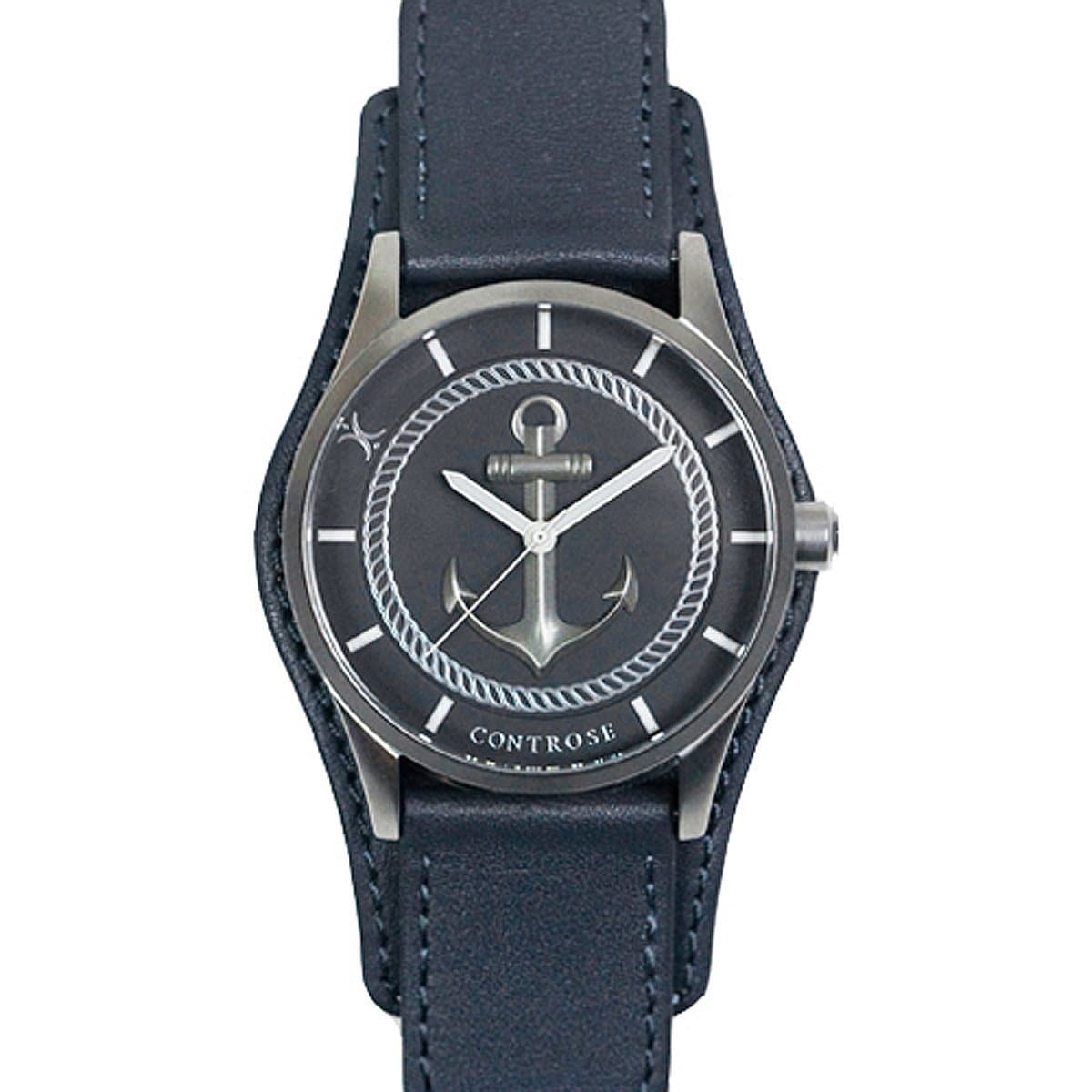 Controse Anchor Watch Stainless Steel case, Leather Cuff with Gray Genuine Leather Strap