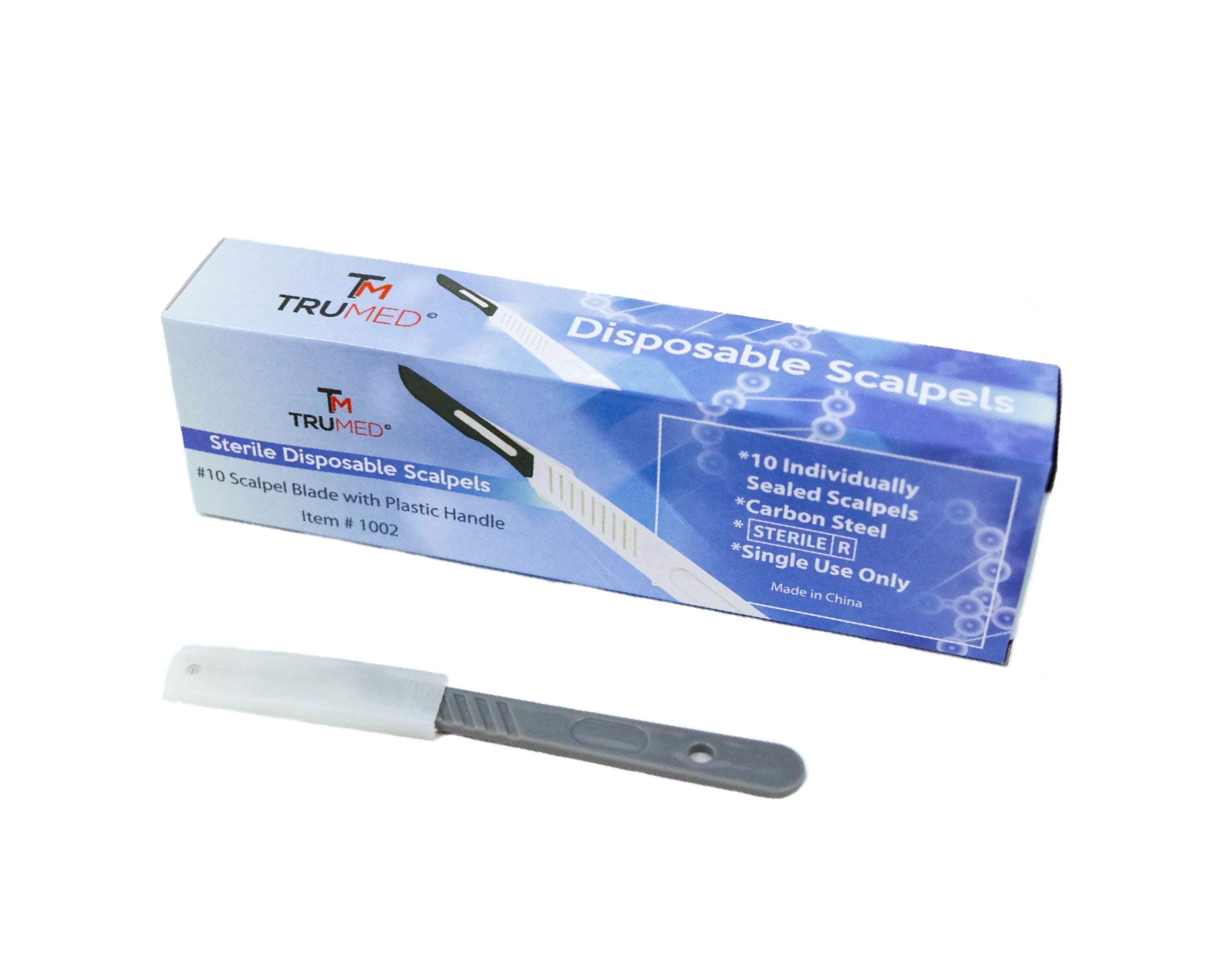 1002 Disposable Scalpels with #10 High-Carbon Steel Blades, Plastic Handle, Sterile Surgical Tool, Biology Lab Anatomy, Carving, Medical Dissection, Box of 10
