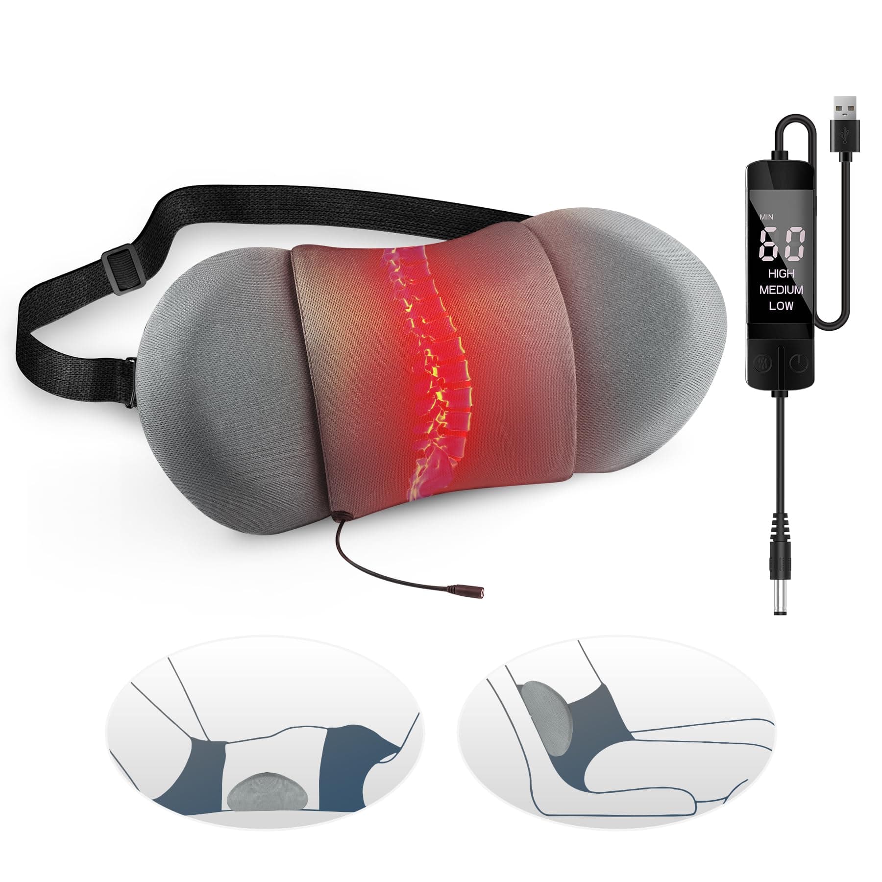 Heated Lumbar Support Pillow, Lumbar Support Pillow with Detachable Heating Pad for Back Pain Relief, Back Pillow for Sleeping, Office, Chair, Car