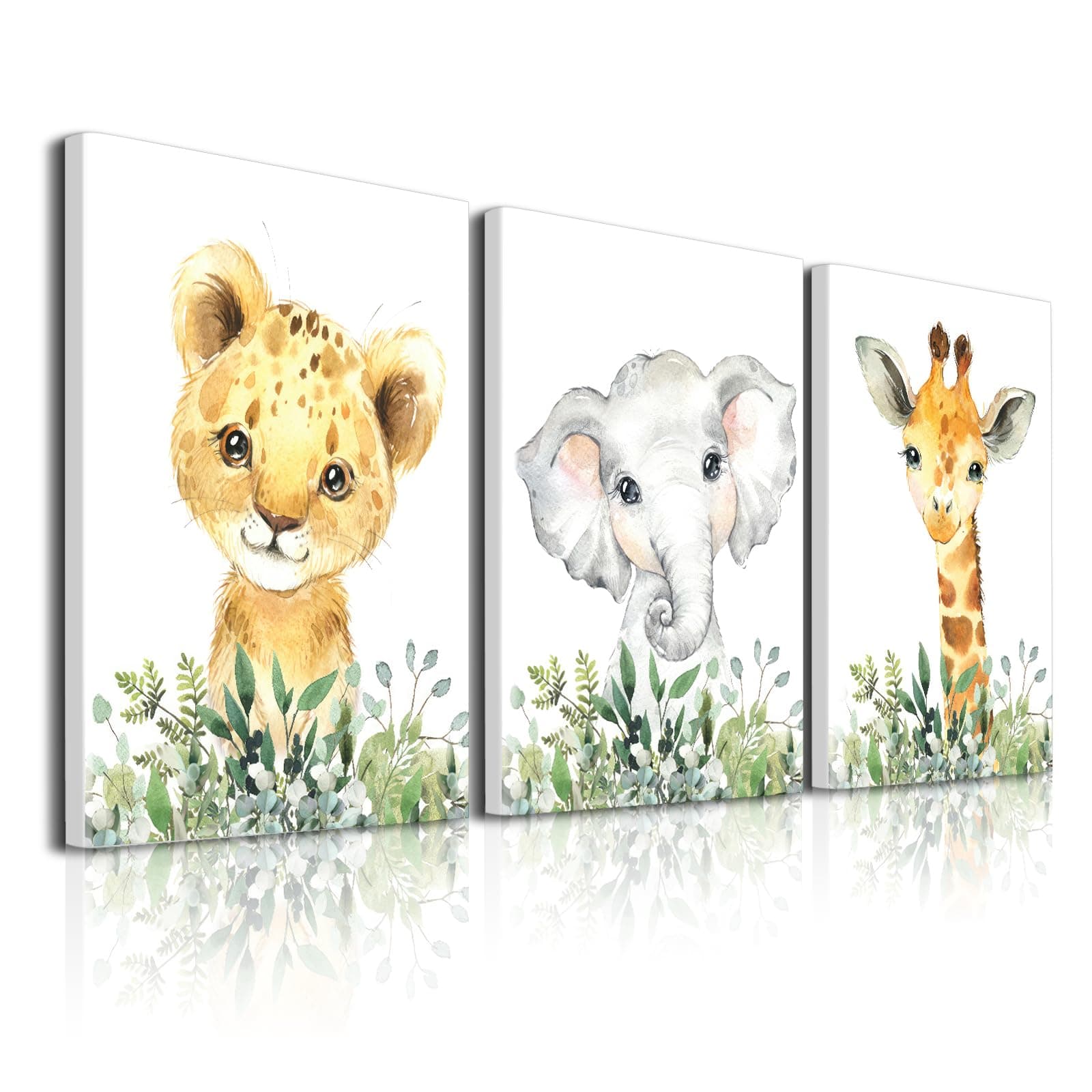 Baby Safari Nursery Wall Decor - Set of 3 Pictures Cute Animal Wall Prints on Canvas Jungle Nursery Safari Decor gifts for Baby Boys and Girls Room, Framed Wall Art (12 x16inch)
