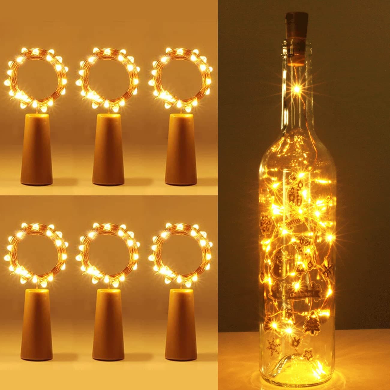 Koopower Bottle Lights, 6 Pack 2M 20 LEDs Battery Operated Fairy String Lights for DIY Decoration, incl. CR2032 Batteries, 6 Pack, Warm White