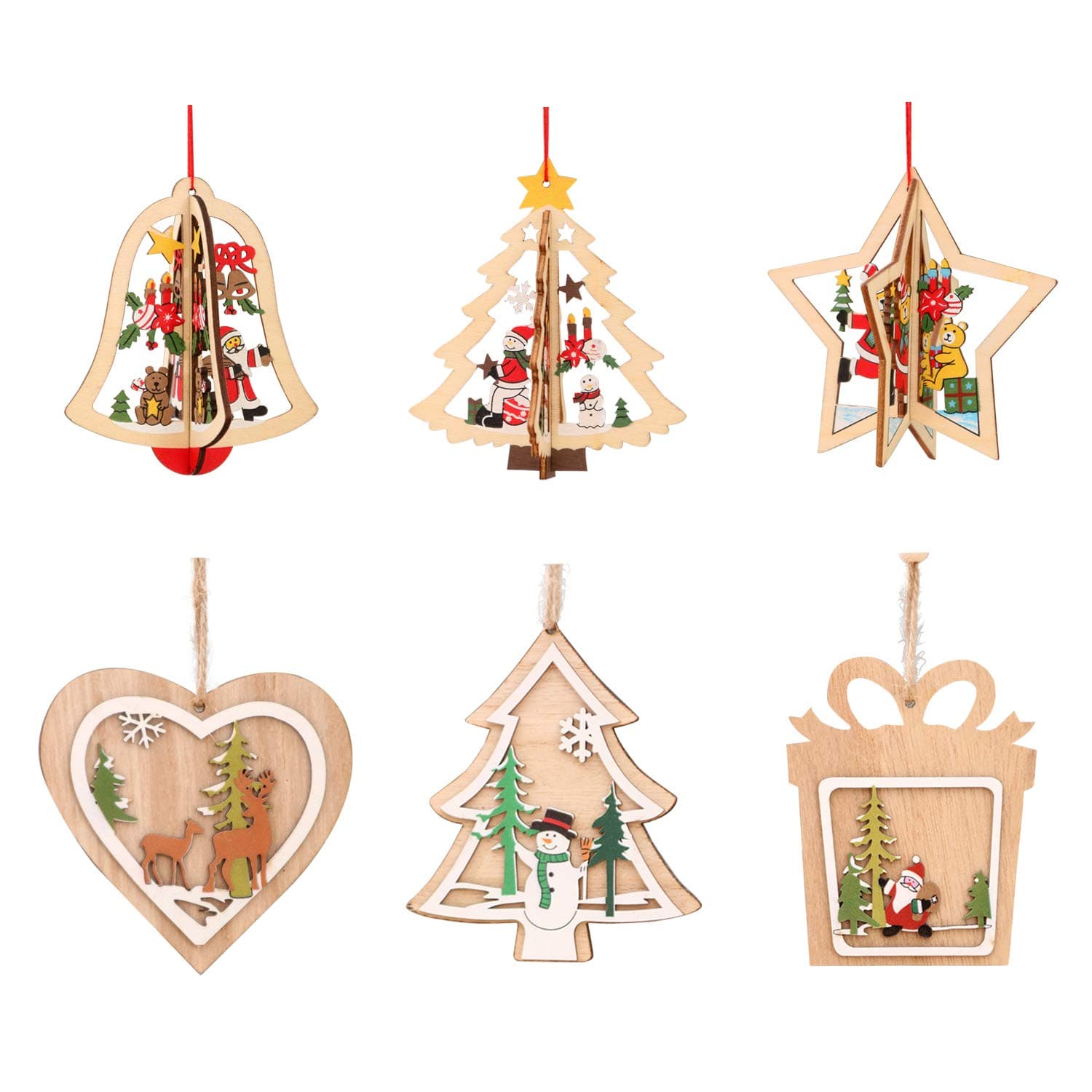 Olinase 6pcs Cartoon Hanging Ornaments Pendants for Xmas Tree Wooden Crafted Decorations Kid's Party Favour (Style 3)
