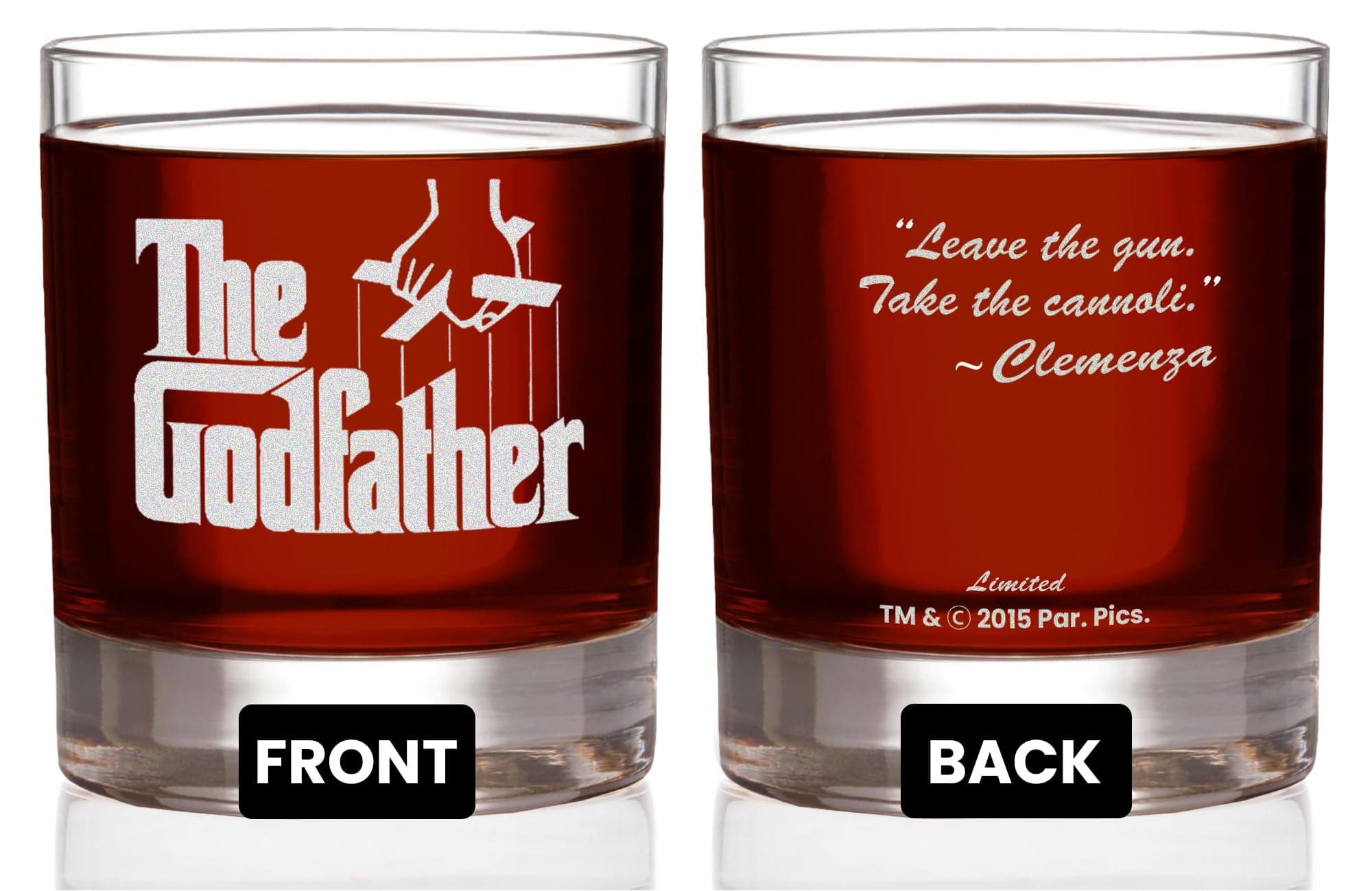 Official Godfather Etched Whiskey Glass - with Logo & Quote ''Leave the gun. Take the cannoli'' - Premium Quality, Handcrafted Glassware, 11 oz. Perfect Collectible Rocks Glass