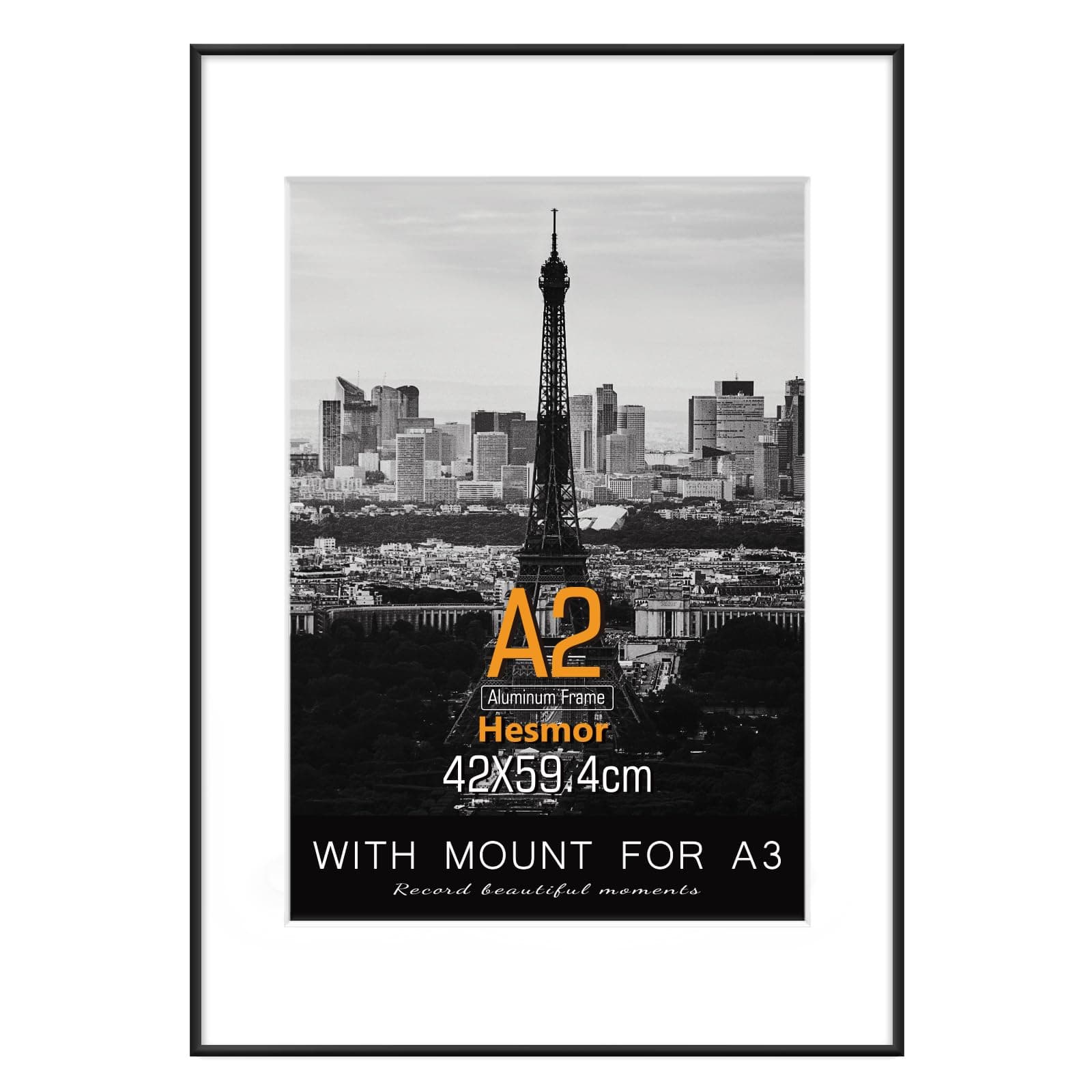 A2 Picture Frame Aluminum Acrylic in Black - A2 Photo Frames 16.5 x 23 inch Size Black Pictures Frames with Clear Plexiglass for Wall Mounting, Single Poster Frames with Mat for A3