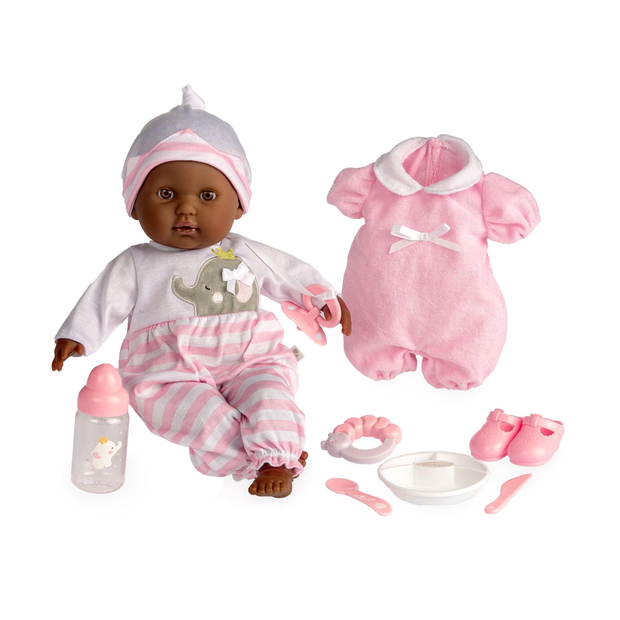 JC Toys 15" Realistic Soft Body African American Baby Doll with Open/Close Eyes Berenguer Boutique | 10 Piece Gift Set with Bottle, Rattle, Pacifier & Accessories | Pink | Ages 2+