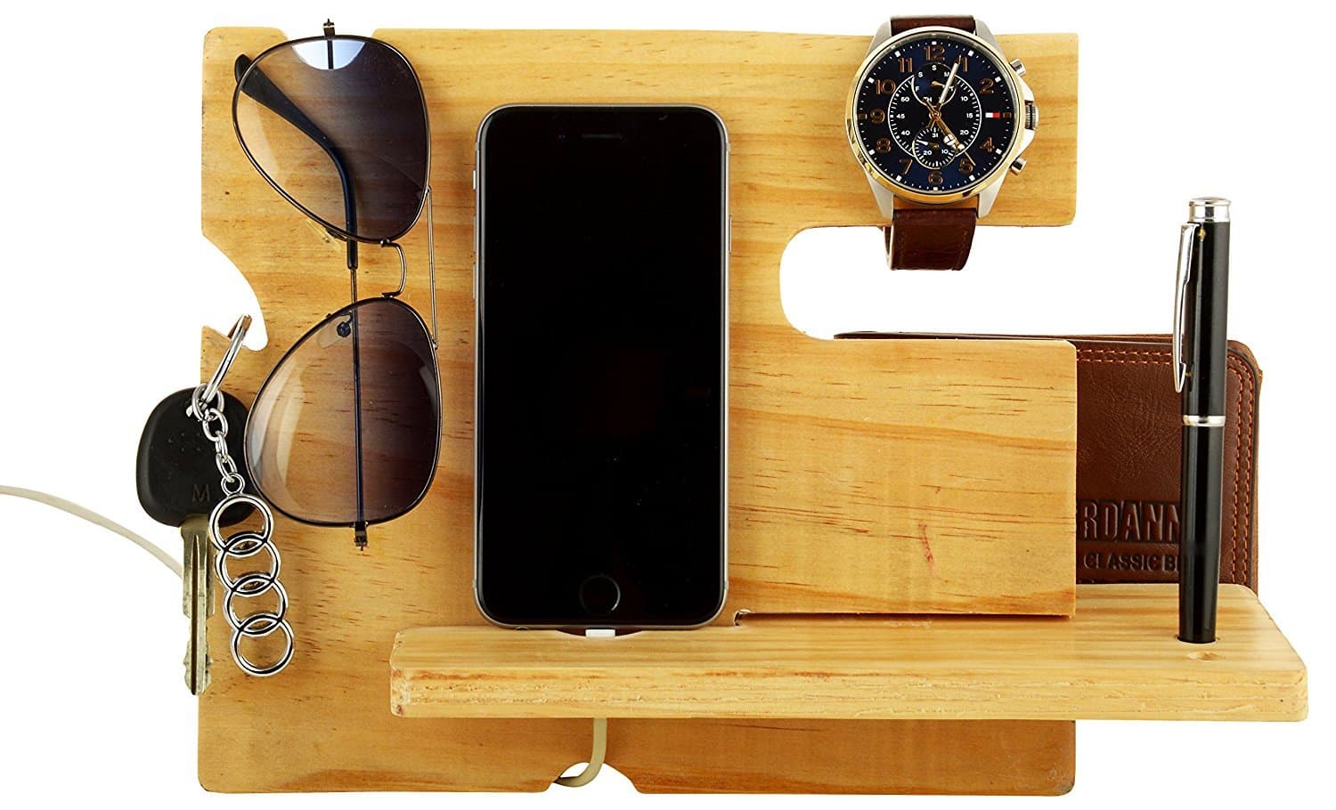 Woodenclave Hand Crafted Mutifunctional Wooden Executive Office Supplies Holder Stand Desk Organizer Mobile Docking Stand for Study Table - Brown