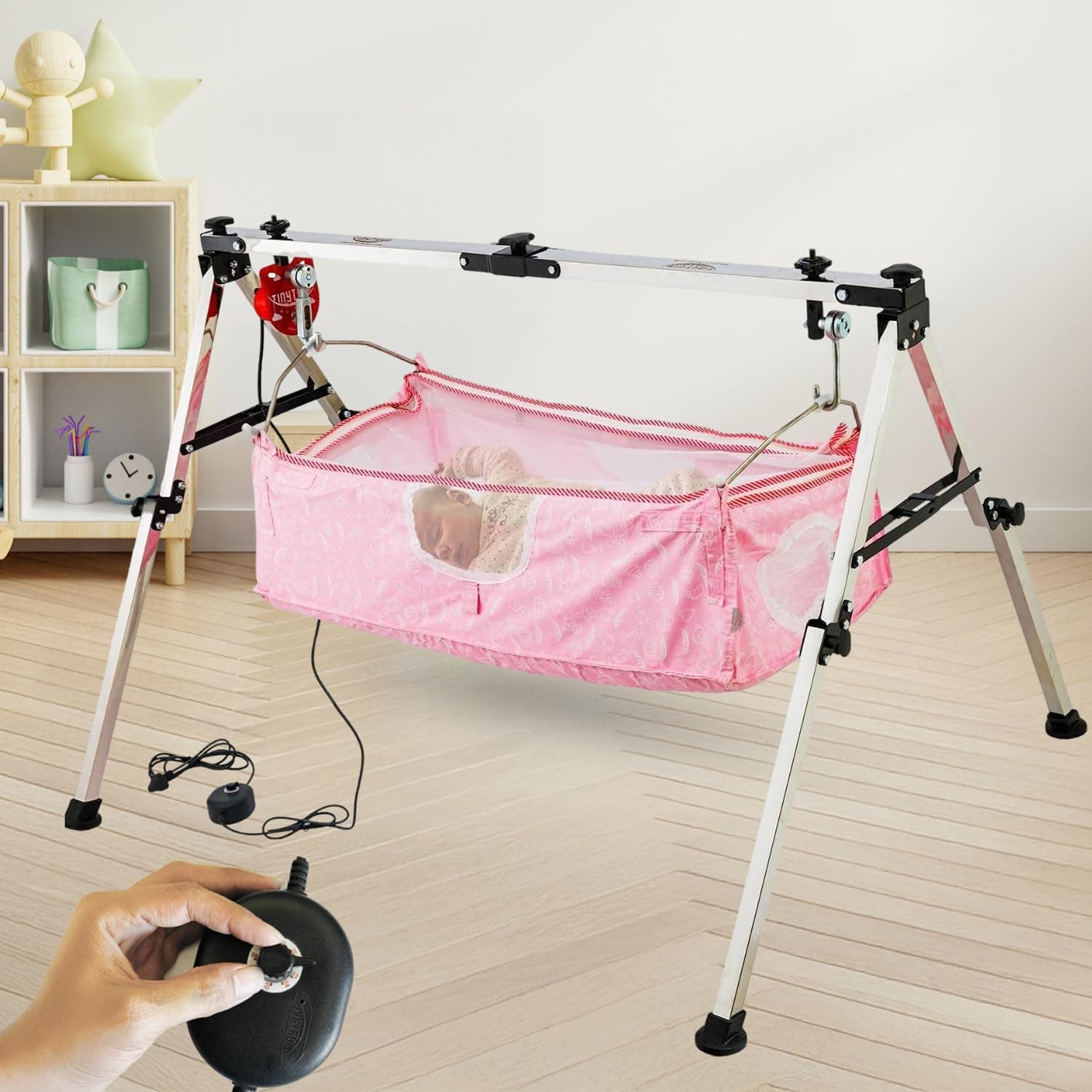TINYTYKE Automatic Cradle for Baby - Electric Swing Cradle w/Adjustable Speed - Fully-Foldable Square Pipe Frame w/Pink Simple & Square Hammock - Palna/Jhula/Thothil for Baby Boy & Girl of 0-3 Years