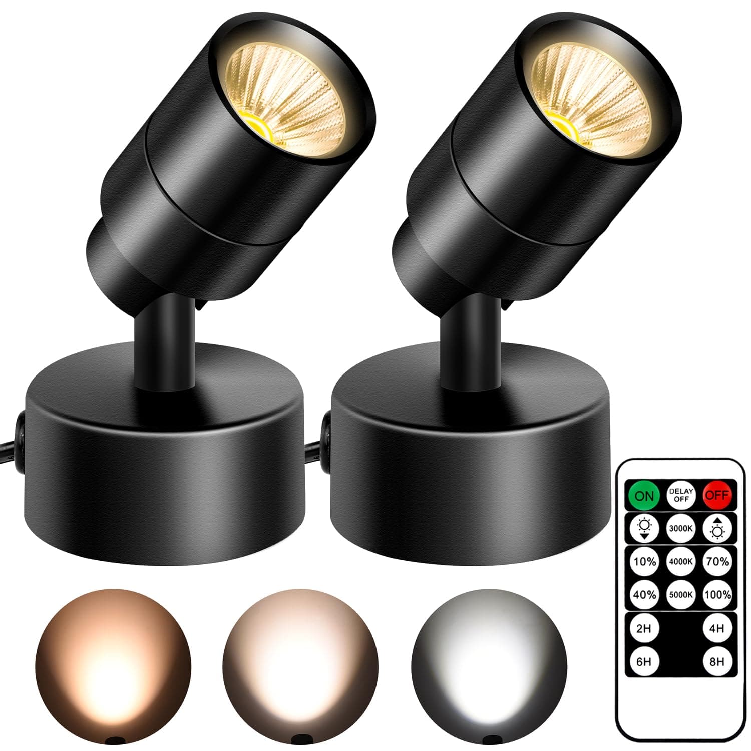 2 Pack Dimmable Spot Lights Indoor With Remote Control, 3000K/4000K/5000K Adjustable LED Up Lights, 3W Plant Spotlight Uplighting, Accent Light for Plants