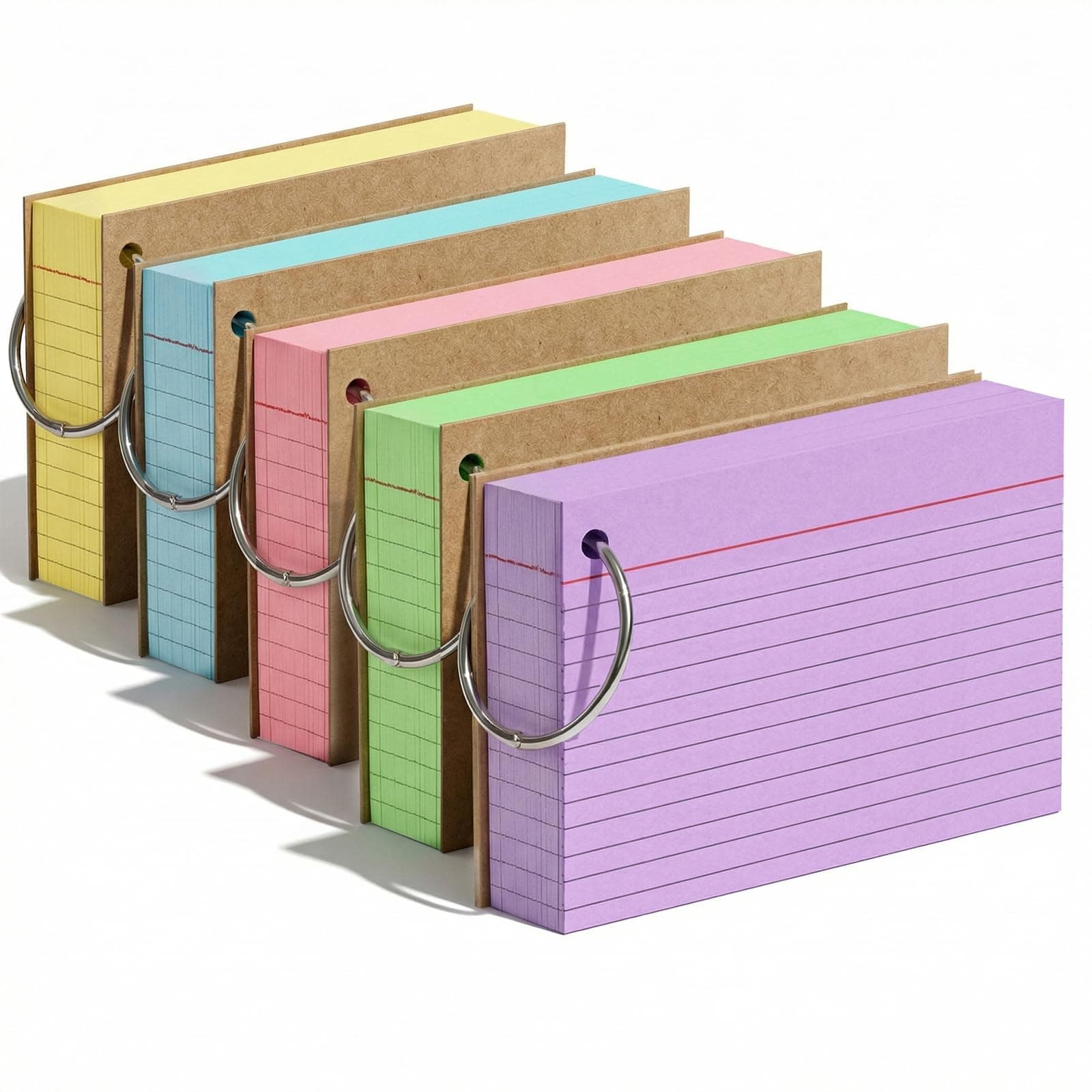 Koogel A7 Flash Cards with Ring, 400PCS Ruled Index Cards 10.5 × 7.4 cm, 5 Colour Double-Sided Revision Flashcards with Kraft Covers for School, Office & Home Study