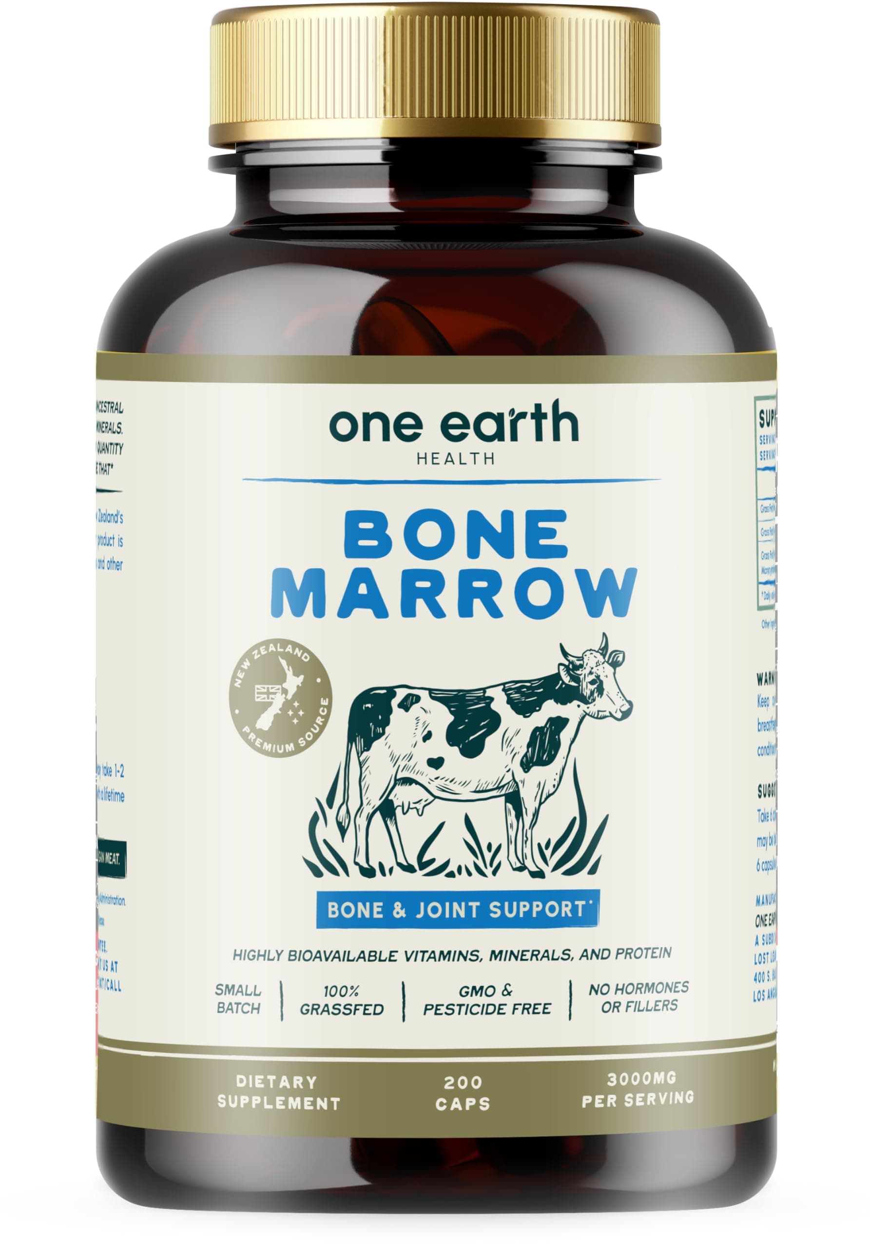 One Earth Health Grass Fed Beef Bone Marrow Supplement – (200 Count) Bone, Cartilage and Marrow. New Zealand Sourced.