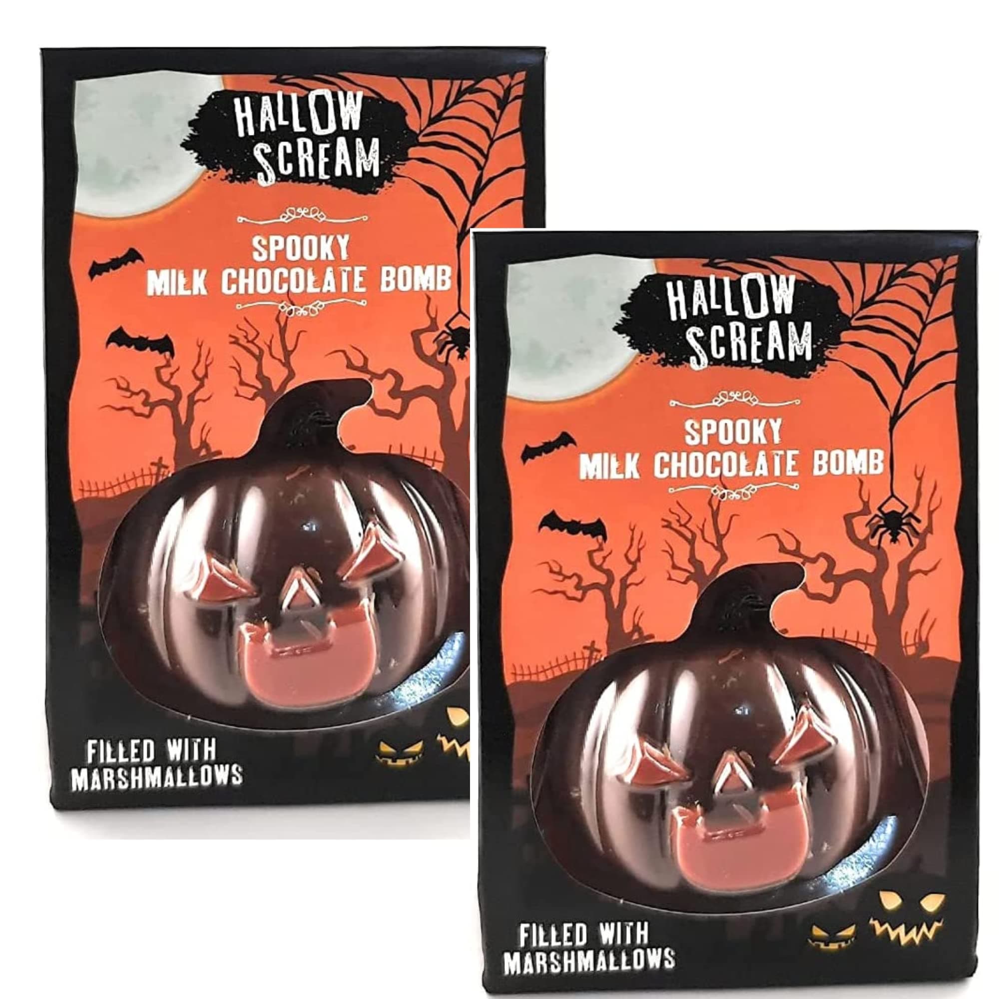 Hot Chocolate Gift Set for Halloween - 2 Sets of Hot Chocolate Bombs with Marshmallows Inside - Spooky Milk Choc Bomb and Gruesome White Choc Bomb Filled with Mallows - Individually boxed