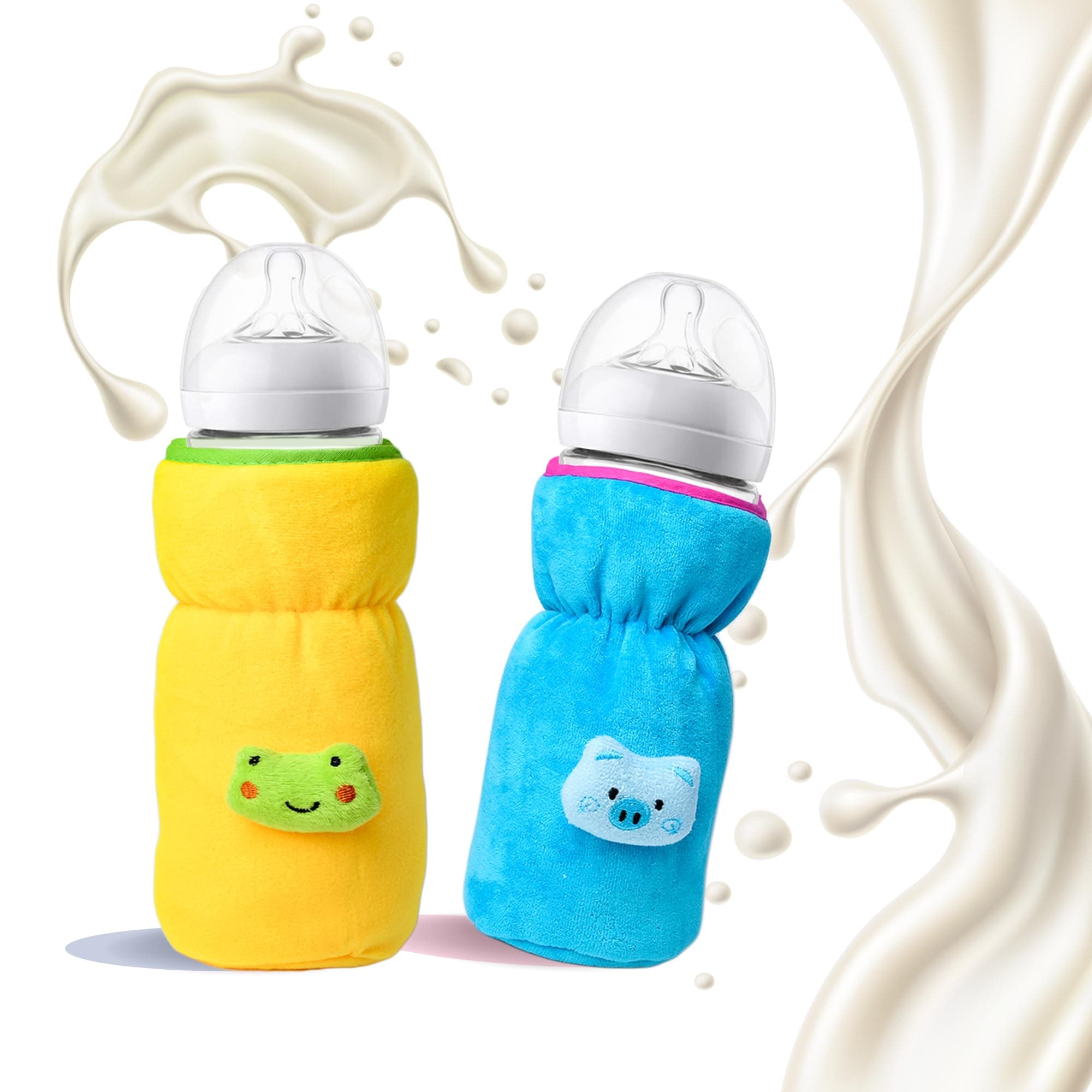THE LITTLE LOOKERS Bottle Cover for Philips Avent/Wide Neck Feeders Soft Plush Stretchable Baby Feeding Bottle Cover with Easy to Hold Strap (Blue & Yellow, Wide Neck 240-330ml/8-11OZ)