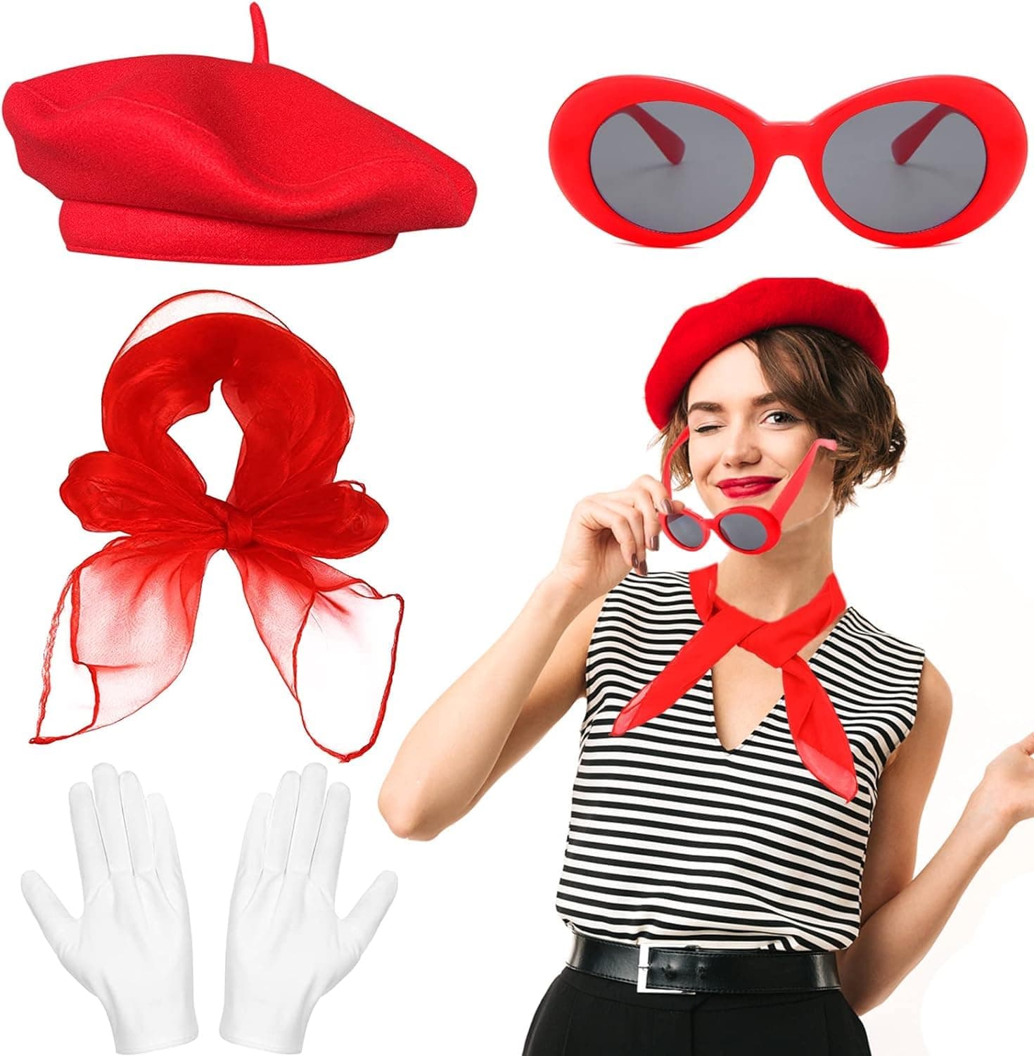 French Women Red Beret Hat mime Costume Accessories Set Chiffon Scarf Gloves Oval Sunglasses Retro French Themed