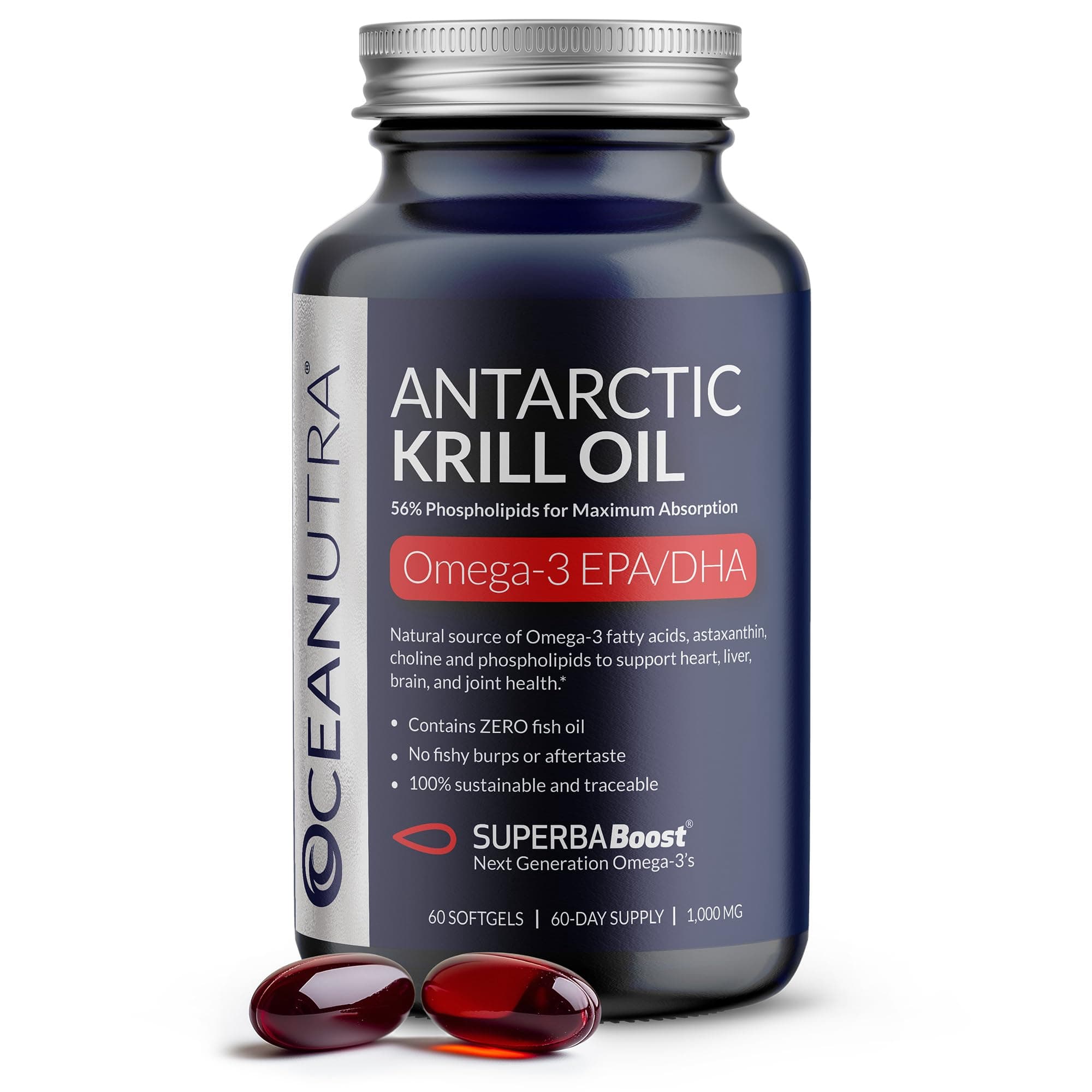 100% Pure Antarctic Krill Oil, 1000mg softgels , Sustainable & Traceable, Supports Heart, Liver, Brain and Joint Health, with Choline and Astaxanthin, 60-Day Supply