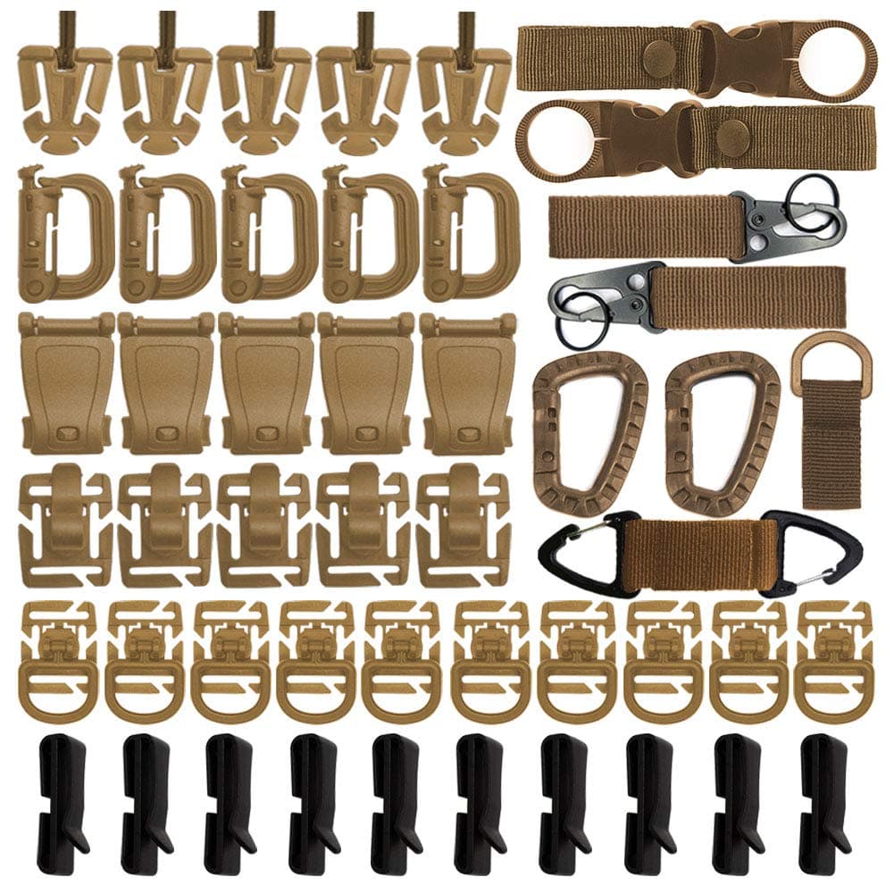 48PCS Tactical Gear Clip Set Molle Webbing Attachments for Tactical Backpack Bag Vest Belt - Nylon Key Ring Holder, D-Ring Locking Hanging Hook Water Bottle Tube Clip Web Dominator (Khaki)
