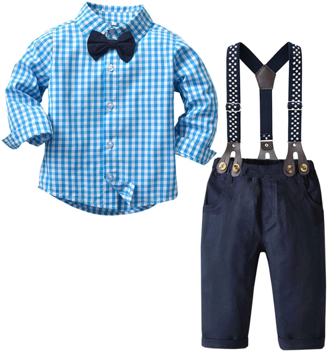 Baby Boy's 2 Pieces Tuxedo Outfit, Long Sleeves Plaids Button Down Dress Shirt with Bow Tie + Suspender Pants Set for Infant Newborn Toddlers, Plaid Blue, Tag 80 = 12-18 Months
