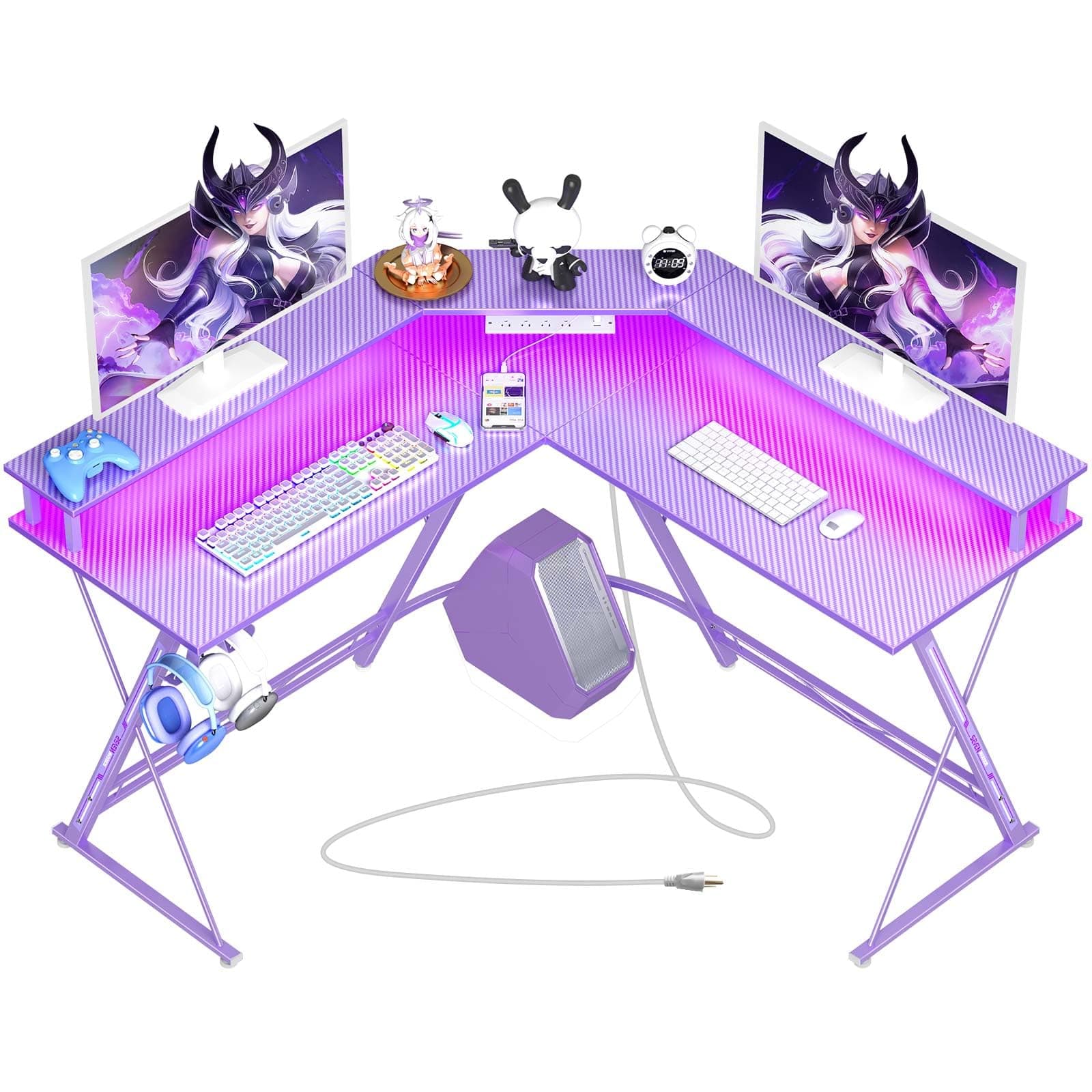 Gaming Desk 50.4” with LED Light & Power Outlets, L-Shaped Gaming Desk Carbon Fiber Surface with Monitor Stand, Ergonomic Gamer Table with Cup Holder, Headphone Hook, Purple