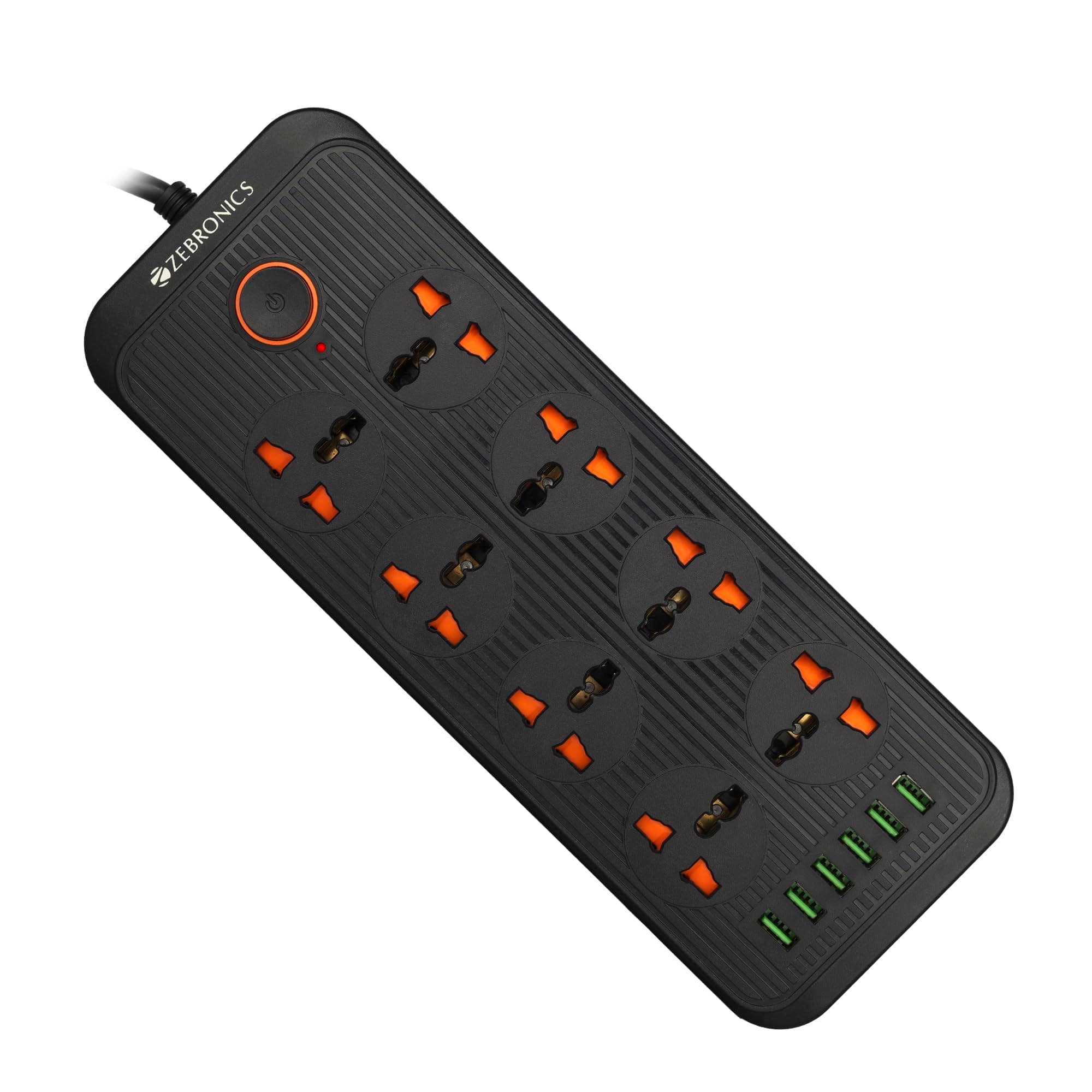 ZEBRONICS Ps8360U Power Strip with 8 Universal Sockets, 2500W Max., 6 USB Ports, USB Output 2.4A Max,3 Mtr Copper Cable, Overload Surge Protection, Durable Abs Body, 250 Volts