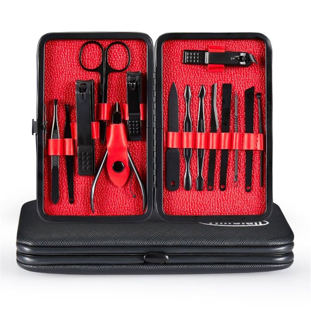 Nail Clippers Manicure Pedicure Grooming Kits Travel Set Professional Black Stainless Tools for Hand Foot Facial Care Set of 15pcs (Red)