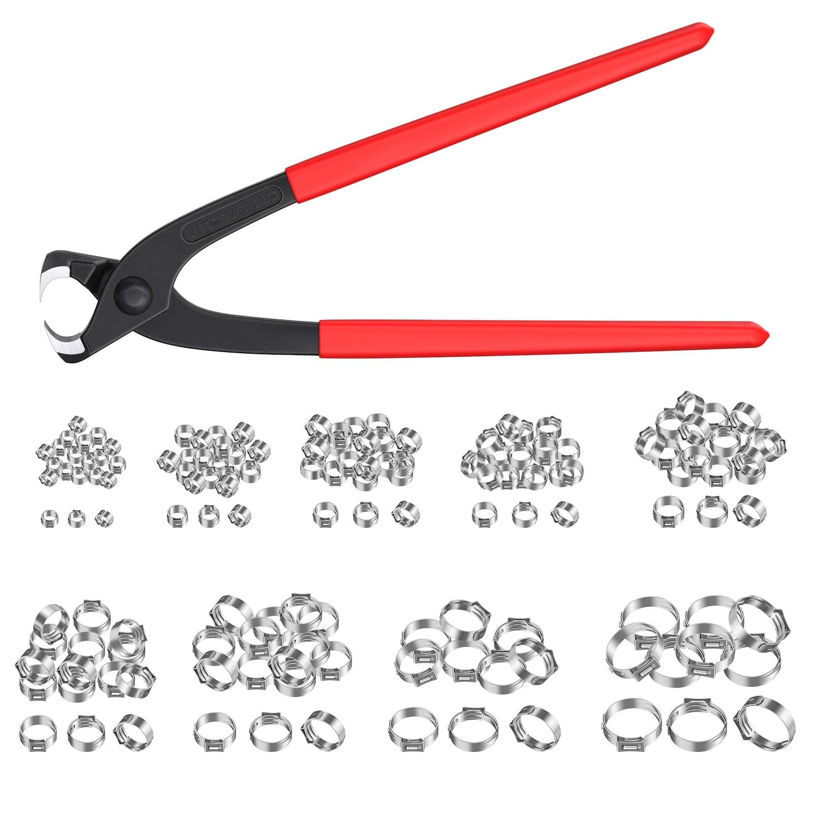 Stepless Hose Clamp AMTOVL Single Ear Stepless Hose Clamps Ear Hose Clamp Crimper 130PCS 6-21mm 304 Stainless Steel Cinch Clamp Rings Single Ear Hose Clamp Crimper Tool Kit