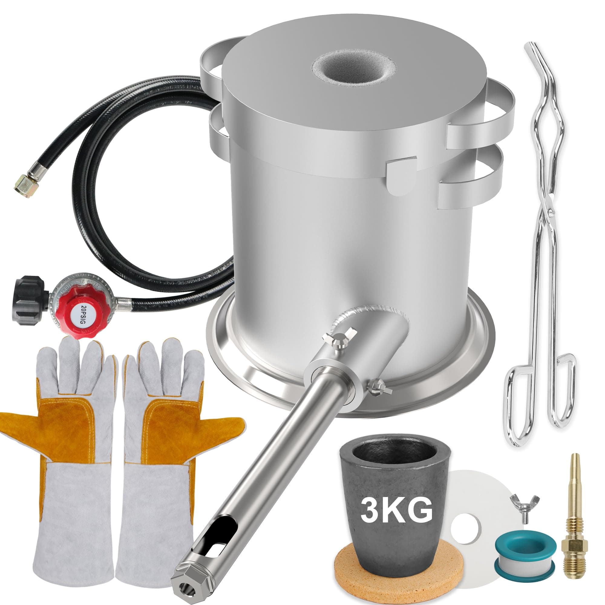 3KG Stainless Steel Propane Furnace, 3KG Capacity Graphite Crucible, Small Metal Smelting forging Recycling, Equipped with high Temperature Gloves, Pliers and Other Manual forging Tools