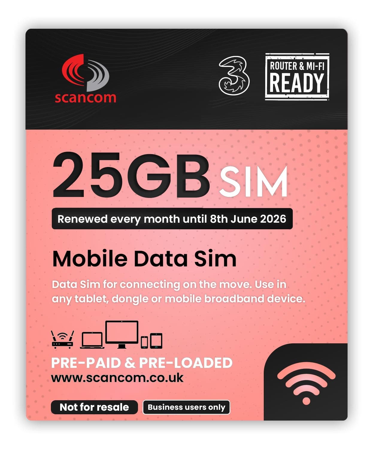 Three 25GB Data SIM - 5G Preloaded Every Month from now until 8th June 2026 - Perfect For Wifi Routers, Tablets & Phones - Business Grade 5G Data (25GB Expiry June 2026)