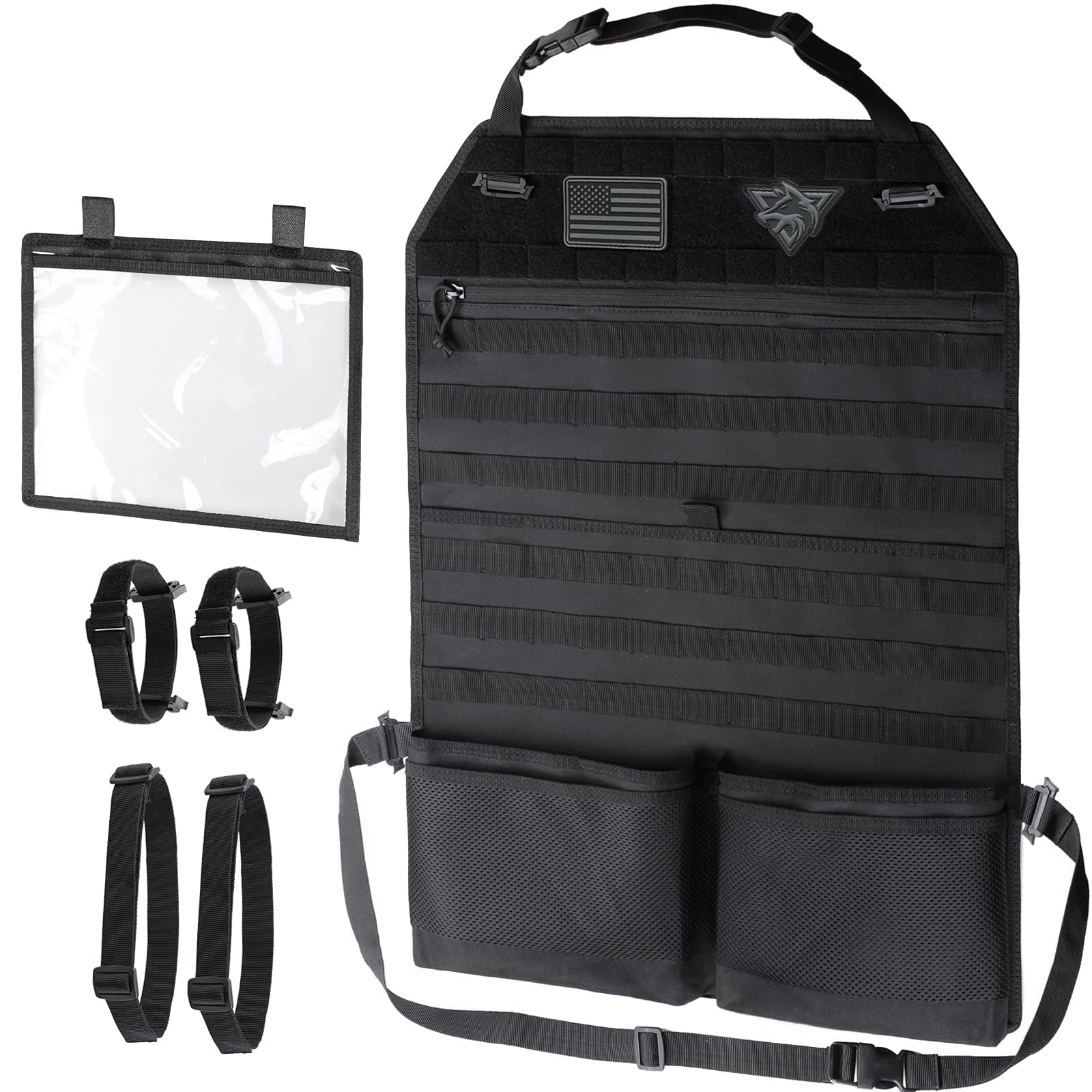 WYNEX Car Seat Organizer, Molle Backseat Cover Organizer Protector with Sling Rack, Visual Pocket and Patch, Universal Vehicle Fits for F150, Jeeps, Pickups & Trucks for Road Trips