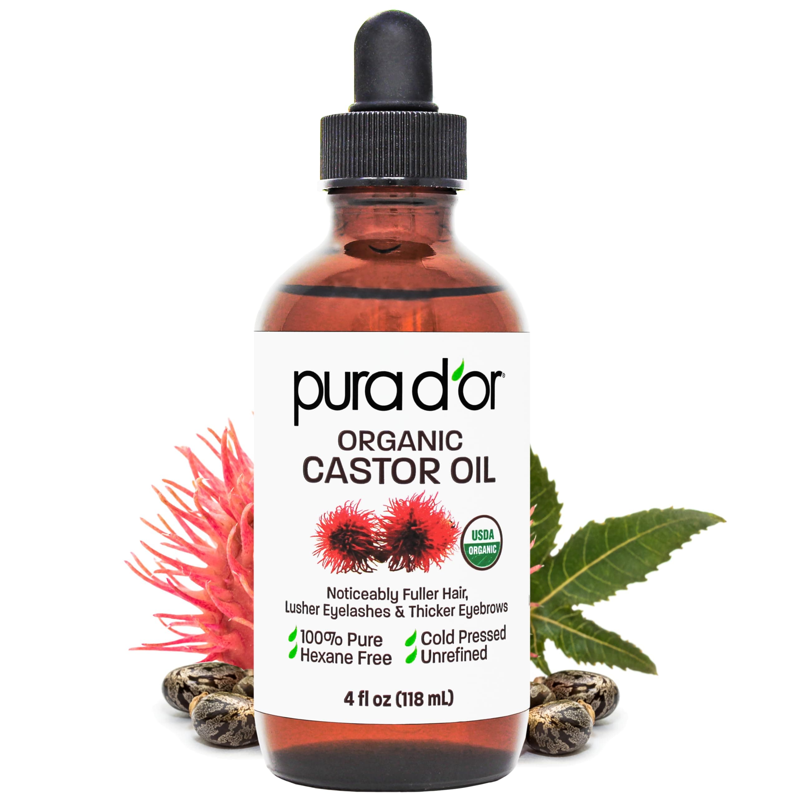 PURA D’OR Castor Oil (118 ml) 100% Pure All Natural Oil for Hair Growth, Eyebrows, Eyelashes Cold Pressed Hexane Free Oil to Moisturize & Heal Dry Skin - Includes Bonus Brush Kit