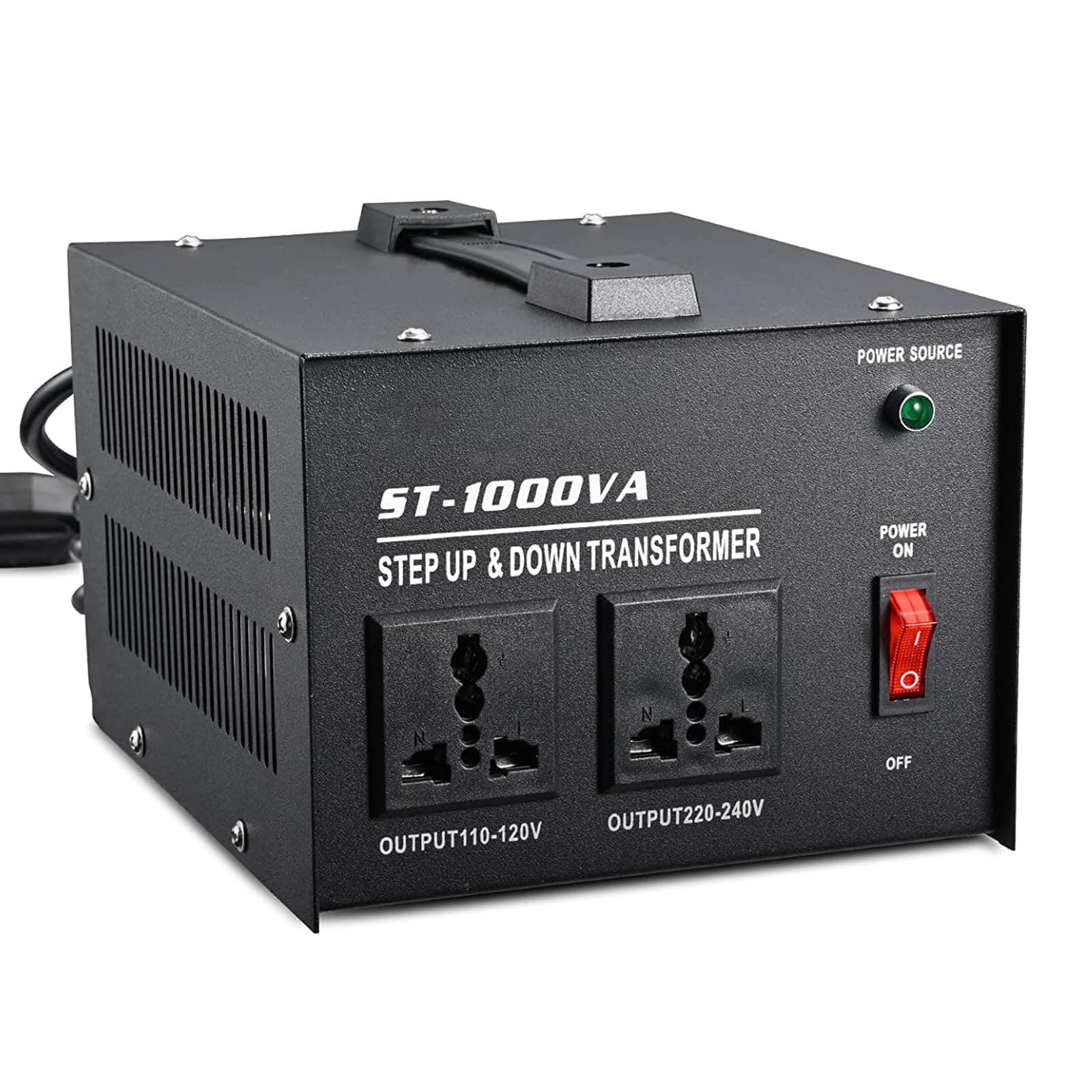 ST-1000VA Voltage Regulator Black 110V/120V/220V/240V Power Converter, Step Up/Down Transformer Converter, with Resettable Circuit Breaker Protection, Universal Socket, Household Compact