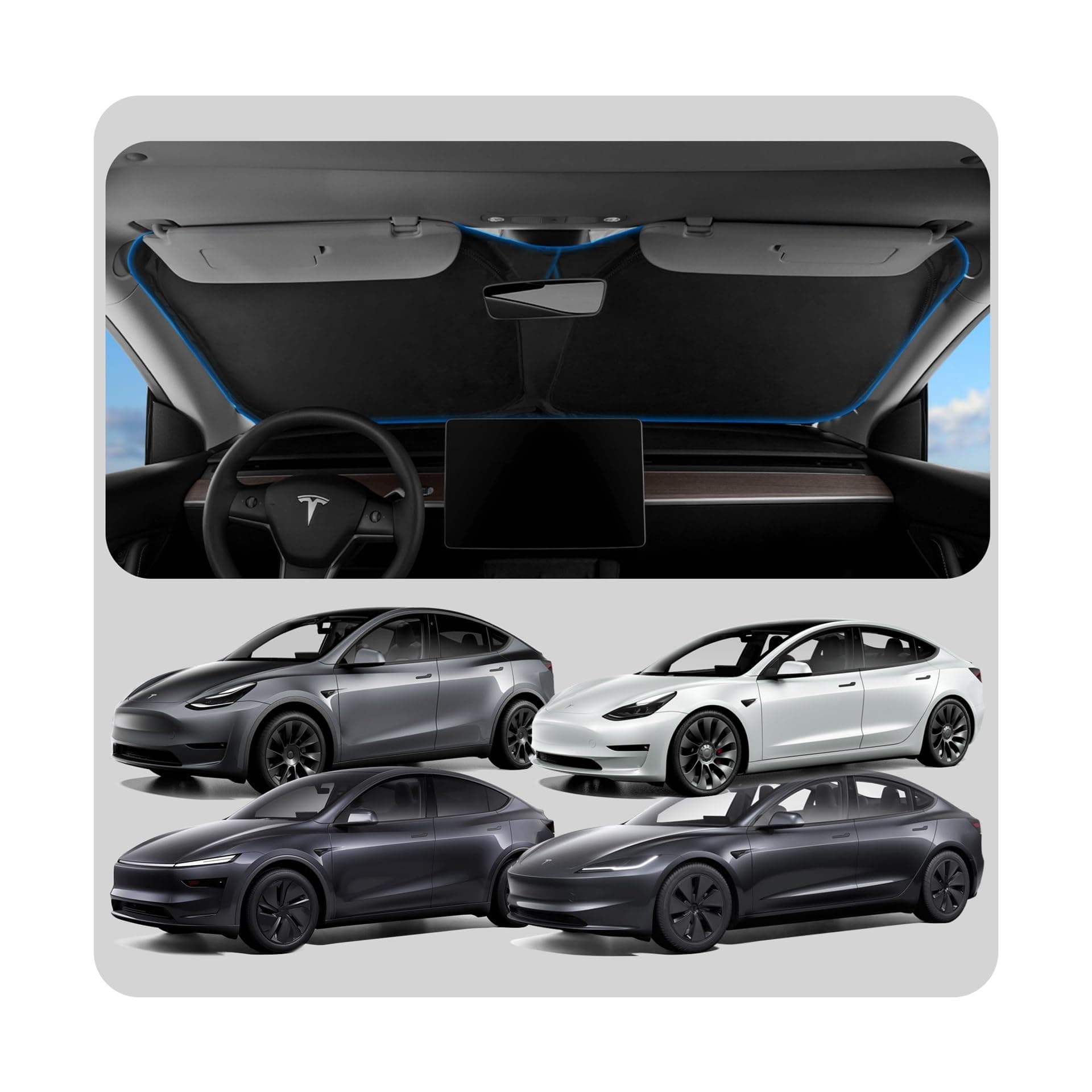 Tesla Model Y 2025 Juniper and Model 3 Highland 2024 2025 CryoShade Front Windscreen Sunshade, Dual Layered Protection From UV and Heat Designed for Tesla Accessories