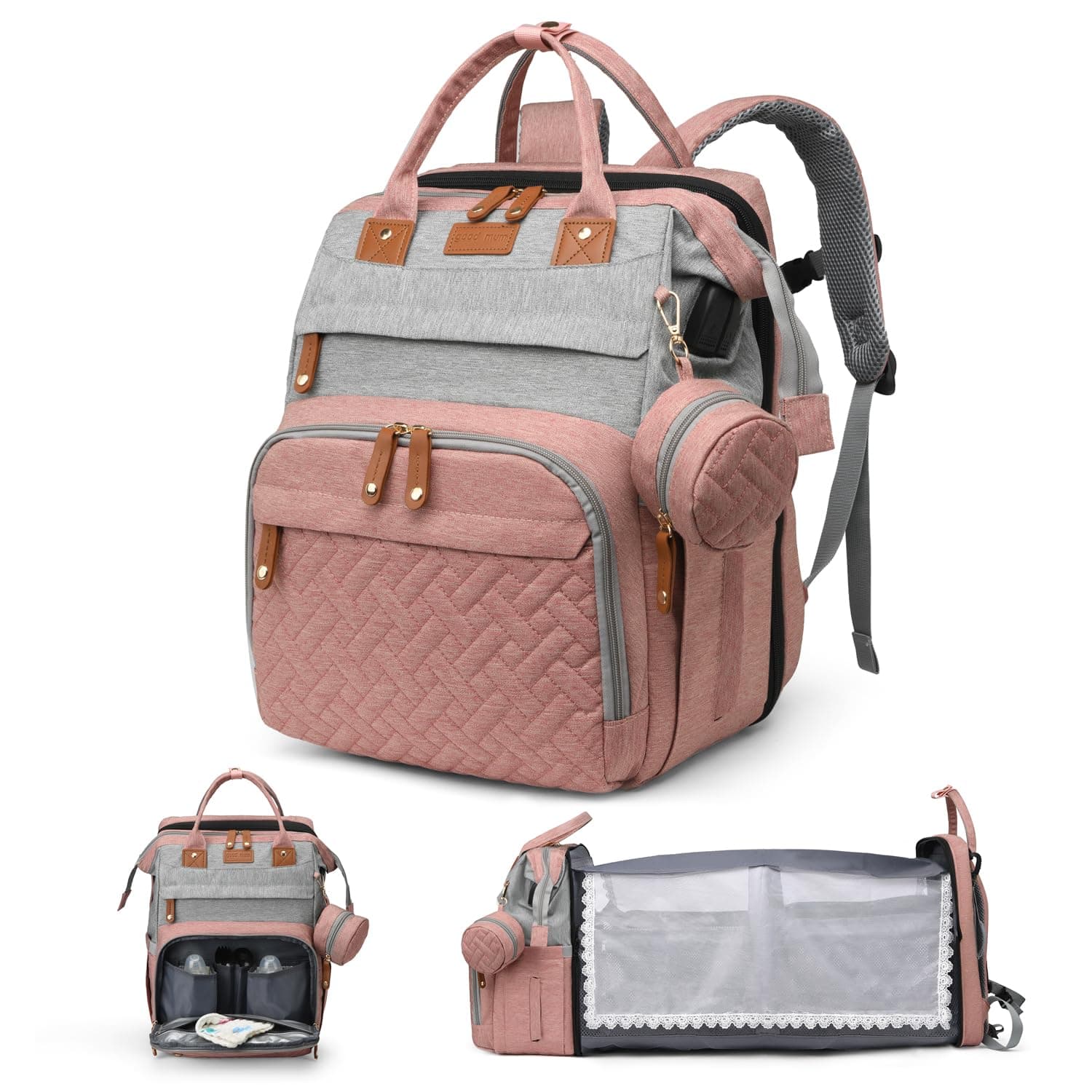 Diaper Bag Backpack, Multifunction Travel Baby Bag, Waterproof Tote Backpack with USB Port, Pacifier Case and Stroller Straps, Newborn Essentials for Moms Dads, Girls, Gray Pink