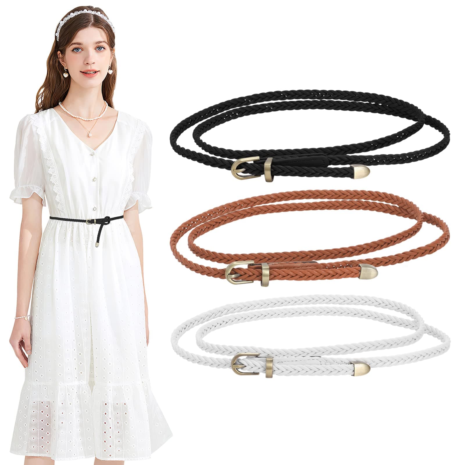 TRIWORKS3 Pack Women Braided Thin Belts Ladies PU Leather Woven Skinny Belt for Dresses Pants