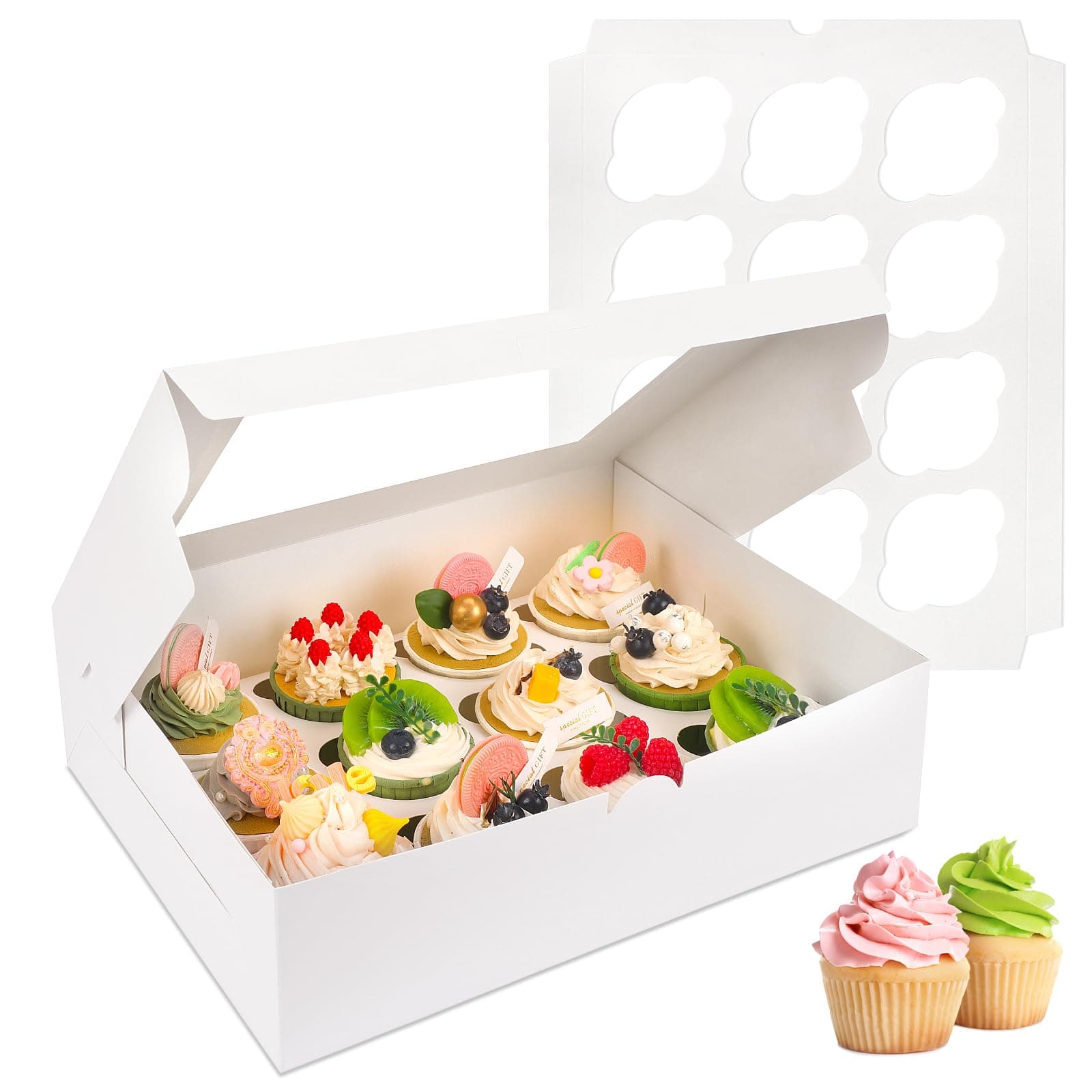 Moretoes Cupcake Boxes, 13x10x3.5 Inches 30pcs 12 Count Bakery Boxes with Window and Inserts to Fit Muffins, for Birthday Holiday Party Bakery Supplies
