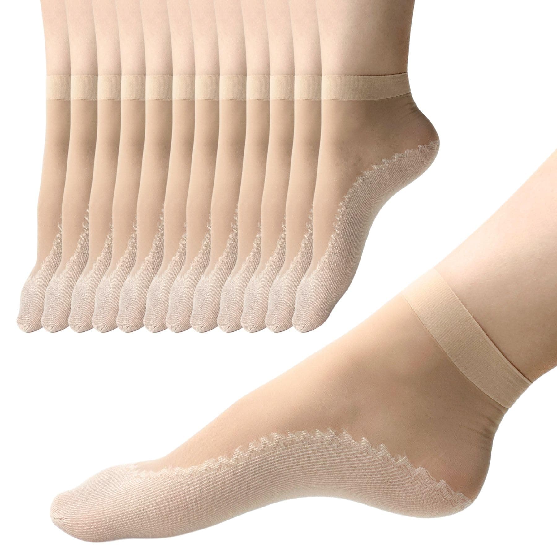 12 Pairs Nylon Socks for Women, Antil-Slip Thin Ankle High Tight Socks w/Reinforced Sole and Toe, by Daisy&Dino