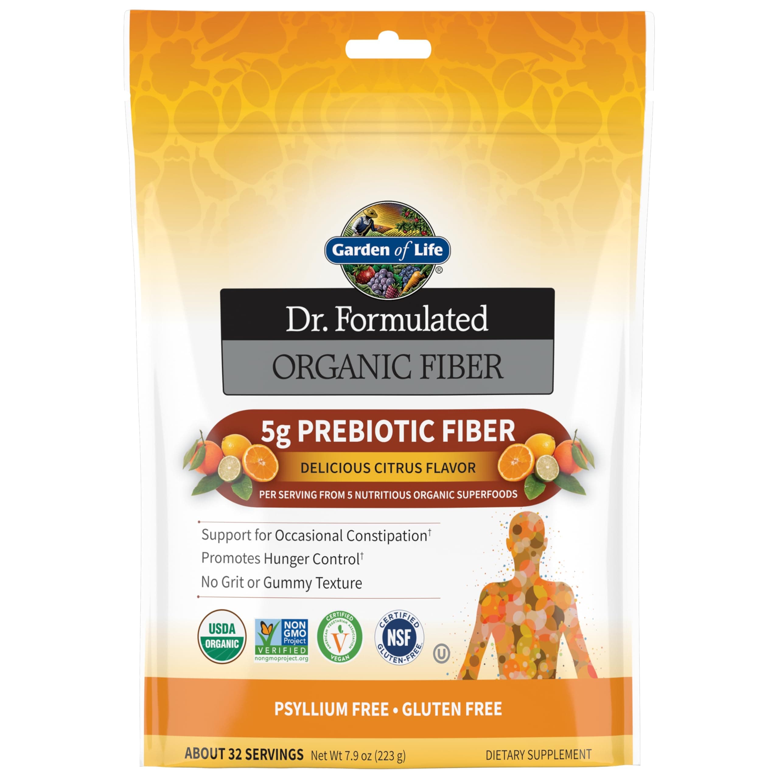 Dr. Formulated Organic Fiber Powder, Citrus Flavor, Prebiotic Superfood Fiber Supplement, Constipation Relief, Psyllium Free, 32 Servings