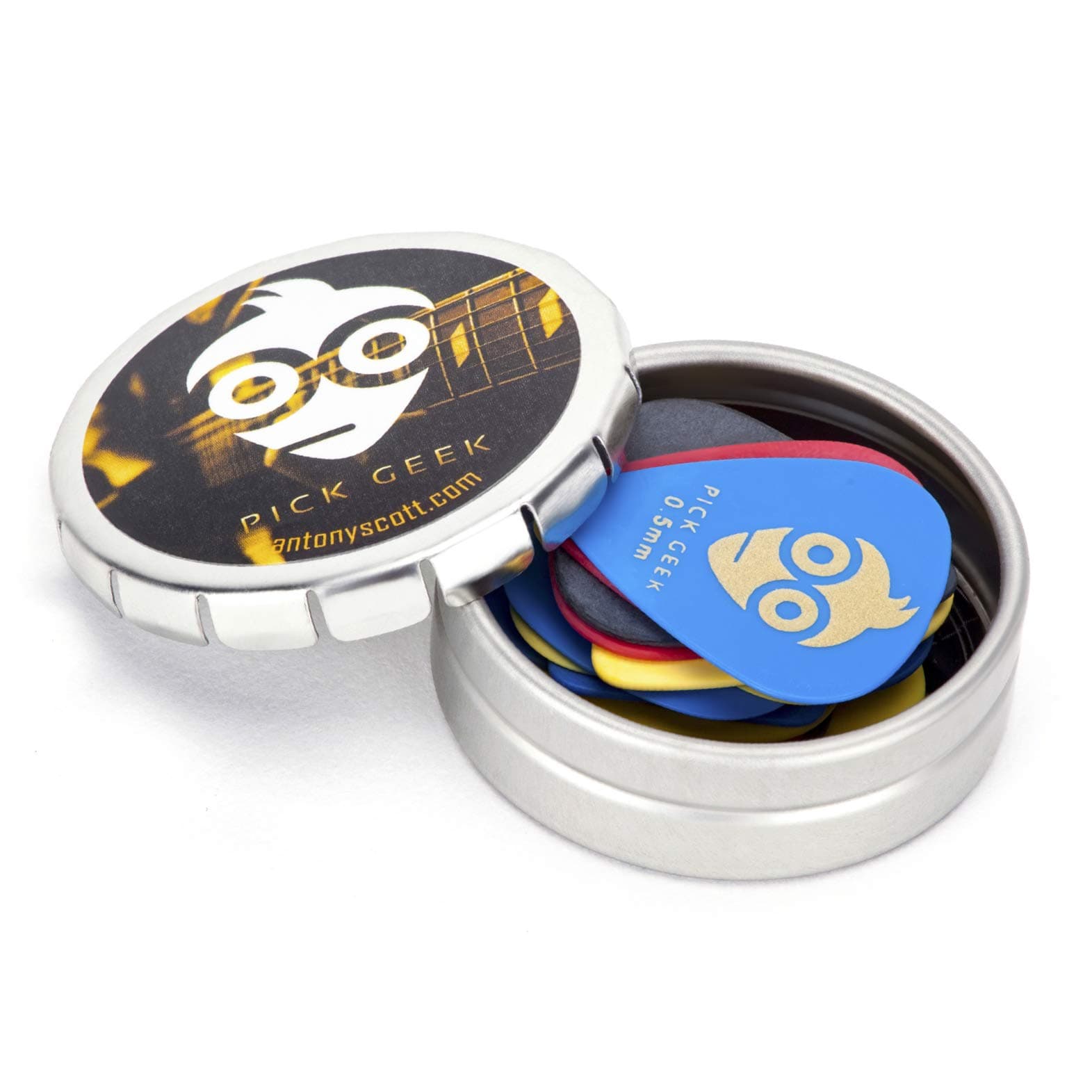 Pick Geek Delrin Guitar Pick Set -16 Cool Custom Guitar Picks (Plectrums) for Your Electric, Acoustic, or Bass Guitar - Light, Medium, Heavy & X-Heavy - Presented in a Luxury Metal Pocket Box