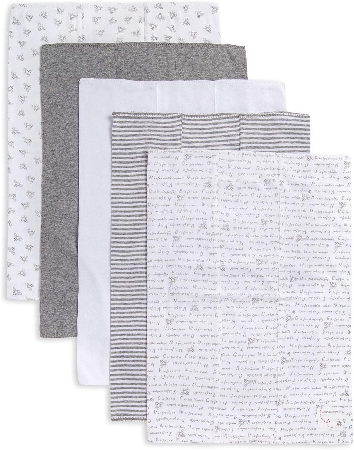 Burt's Bees Baby - 5 Pack of Burp Cloths, 100% Organic Cotton (1 Cloud, 1 Solid Color, 1 Honey Bee, 1 Stripe, 1 Alphabet Bee Print, Heather Grey)